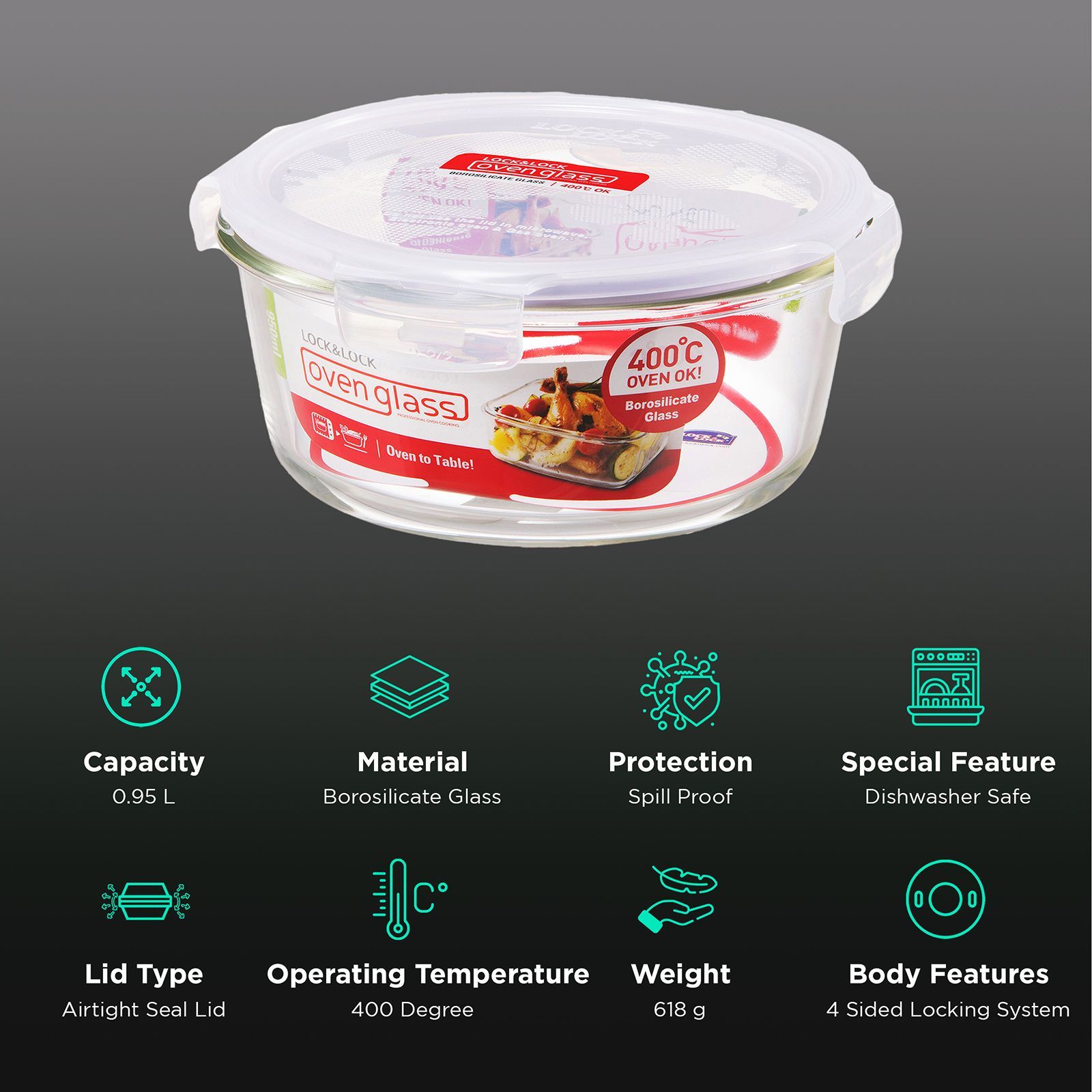 LocknLock Ovenglass 950 ml Round Glass Storage Container (Heat Resistant, LLG861, Transparent)_2