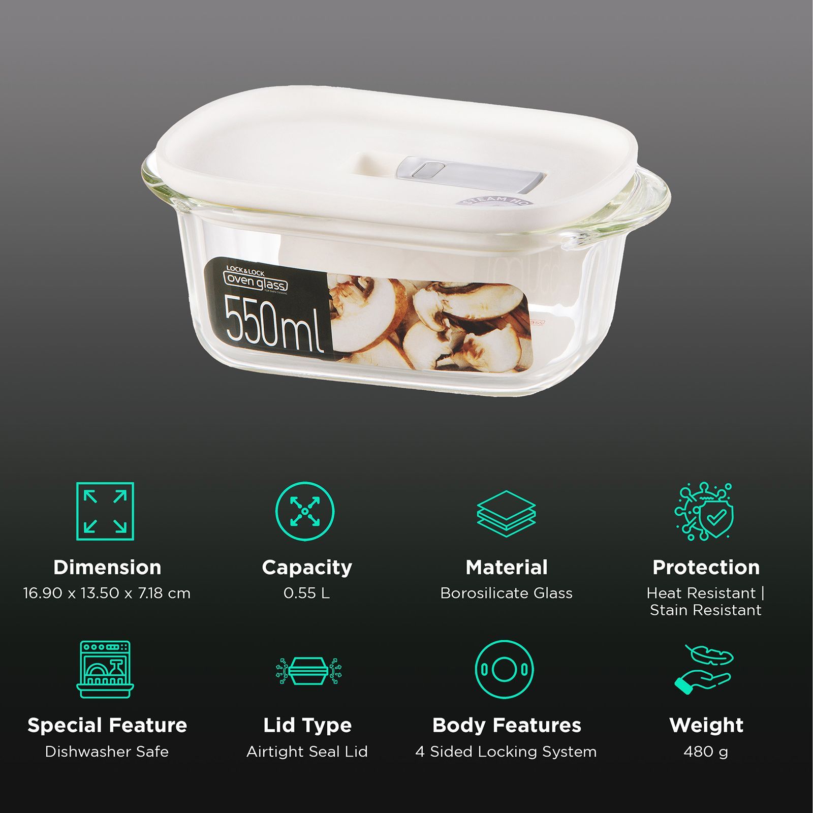 LocknLock Ovenglass 550 ml Rectangular Glass Storage Container (Steam Hole, LLG940W, White) LocknLock Ovenglass 550 ml Rectangular Glass Storage Container (Steam Hole, LLG940W, White)_2