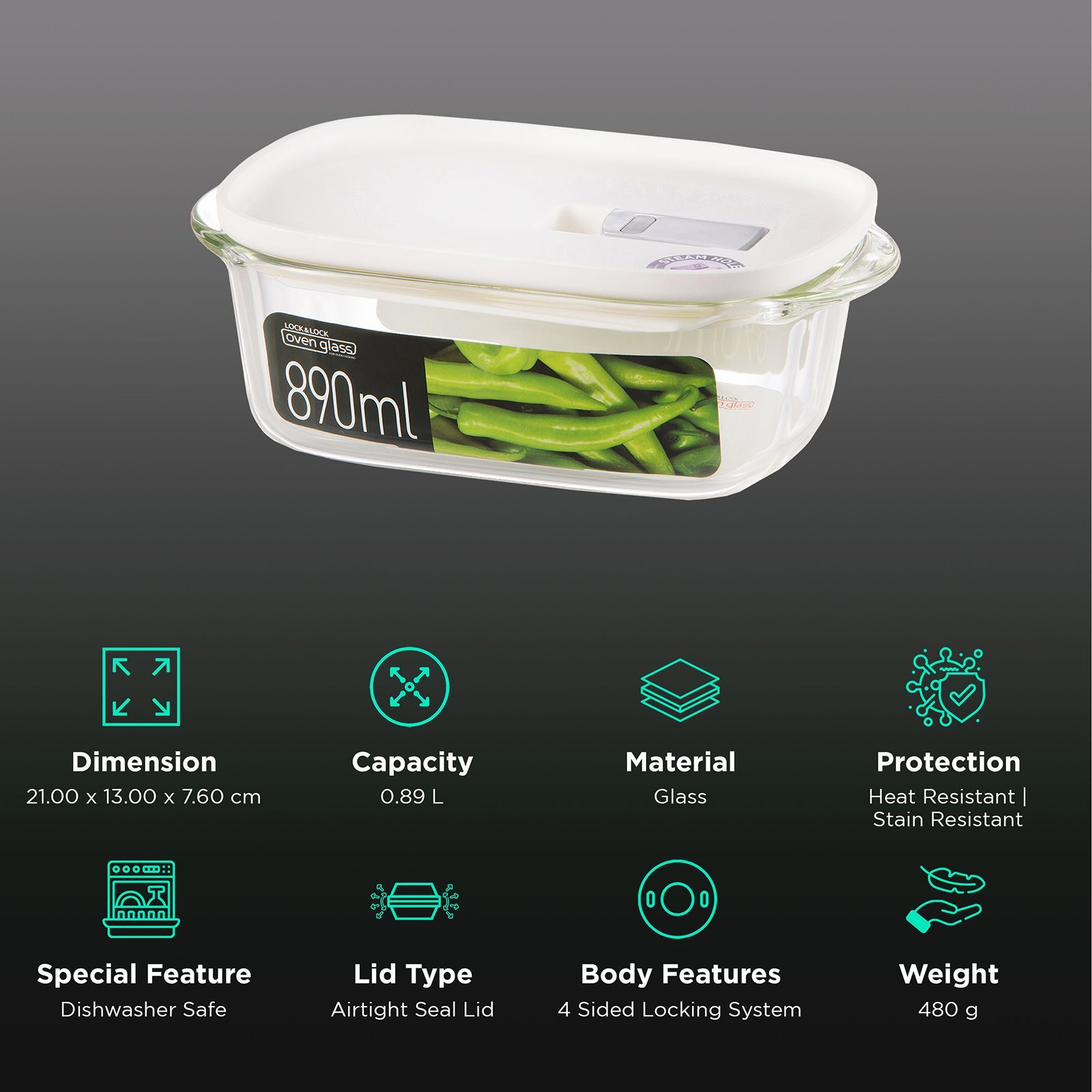 LocknLock Ovenglass 890 ml Rectangular Glass Storage Container (Steam Hole, LLG941W, White) LocknLock Ovenglass 890 ml Rectangular Glass Storage Container (Steam Hole, LLG941W, White)_2