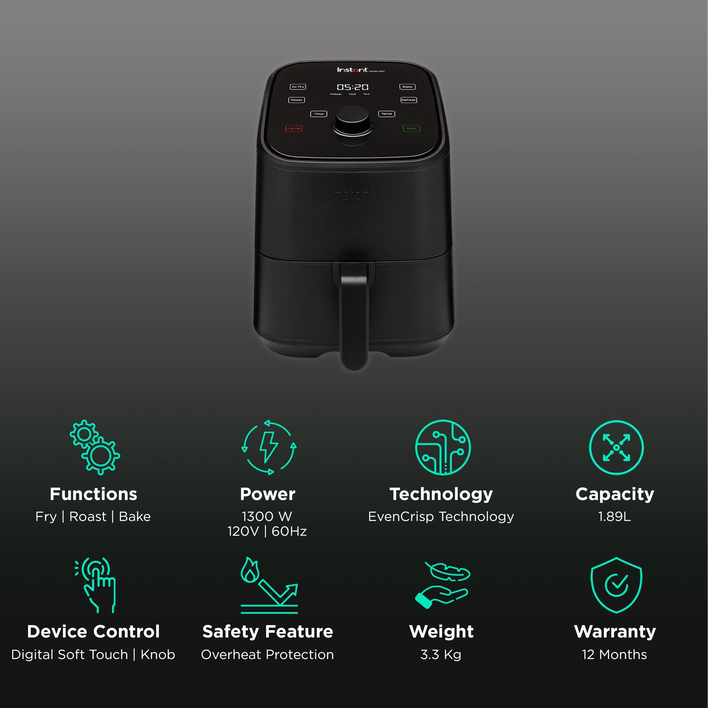 Instant Pot Vortex Mini 1.89L 1300 Watt Digital Air Fryer with EvenCrisp Technology (Black)_3