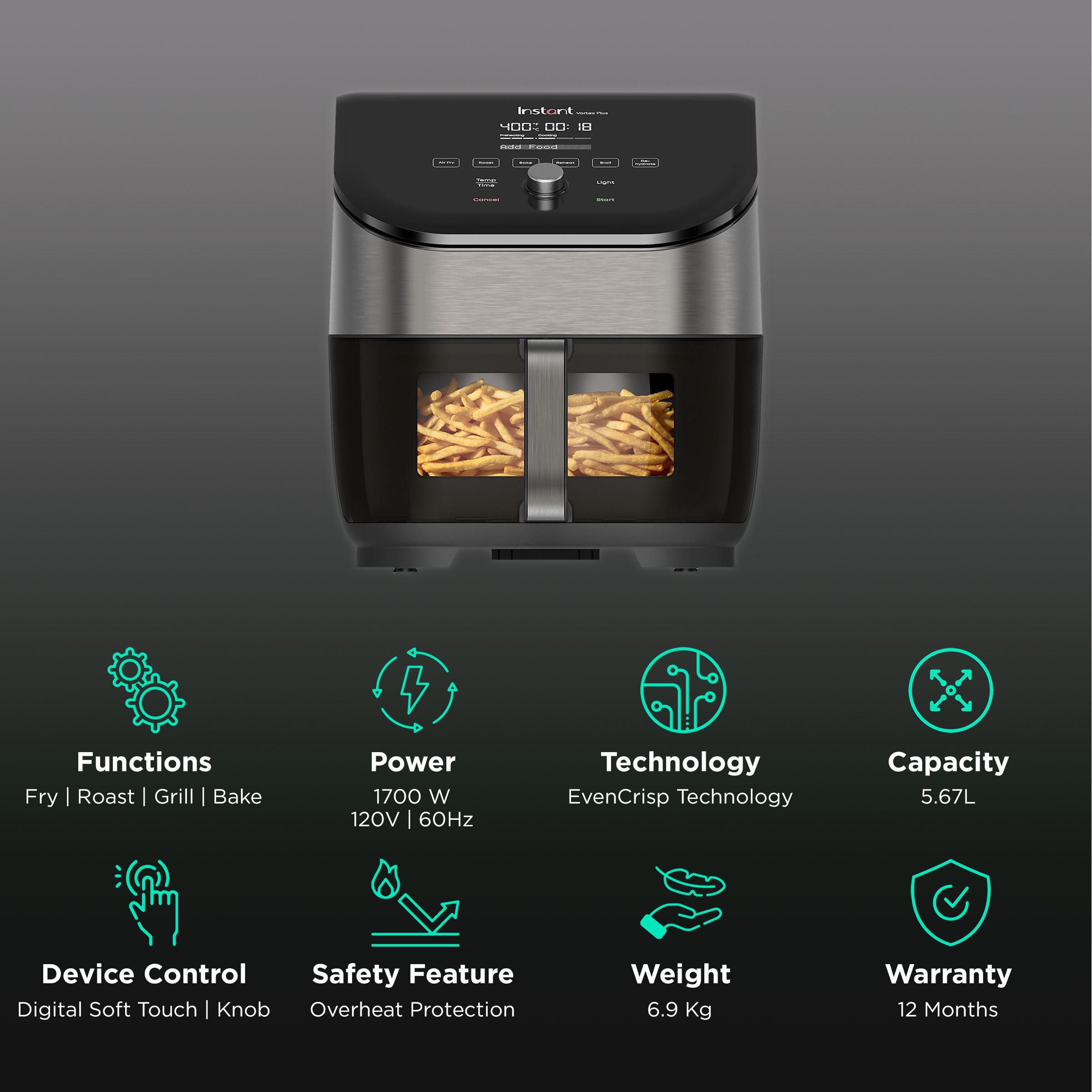 Instant Pot Vortex Plus 5.67L 1700 Watt Digital Air Fryer with EvenCrisp Technology (Black)_3