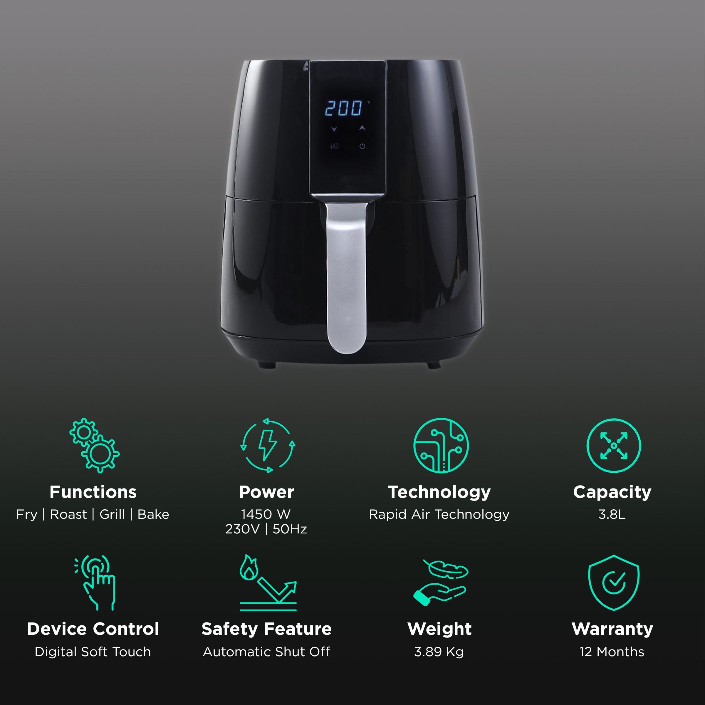 WONDERCHEF Prato 3.8L 1450 Watt Digital Air Fryer with Rapid Air Technology (Black)_3