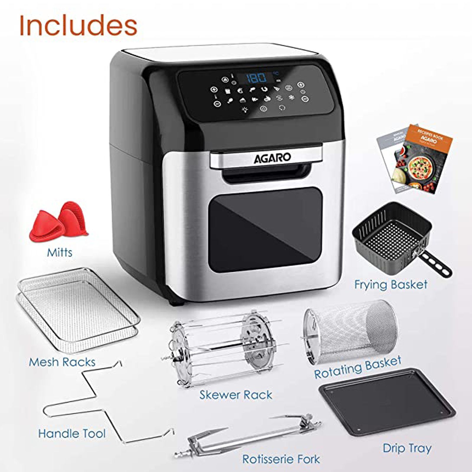 AGARO Regency 12L 1800 Watt Digital Air Fryer with 360 Degree Heat Circulation Technology (Silver)_12