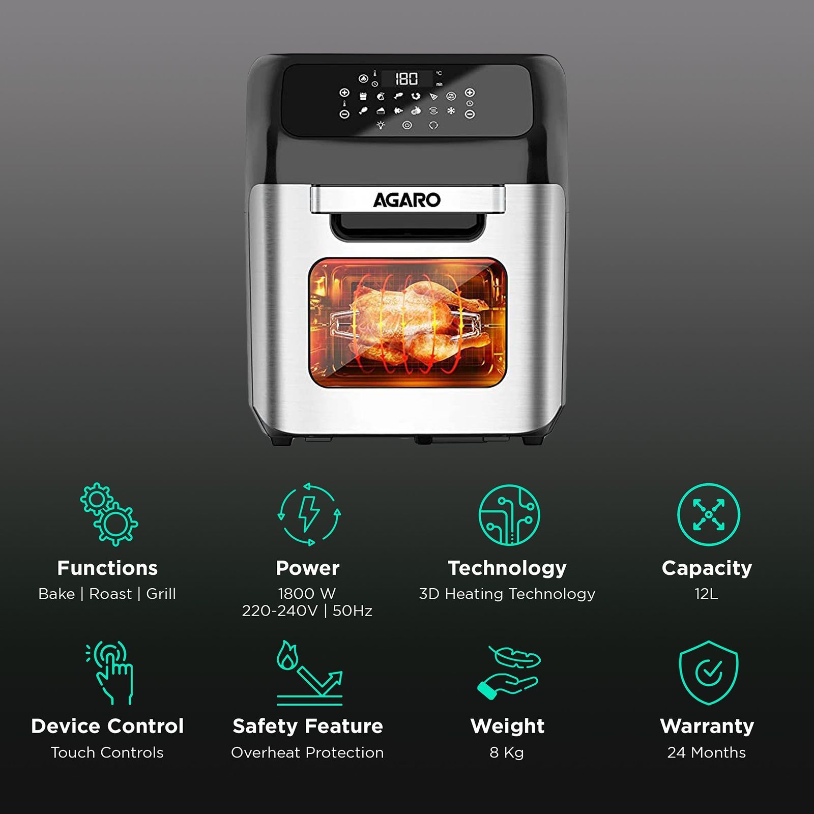 AGARO Regency 12L 1800 Watt Digital Air Fryer with 360 Degree Heat Circulation Technology (Silver)_3