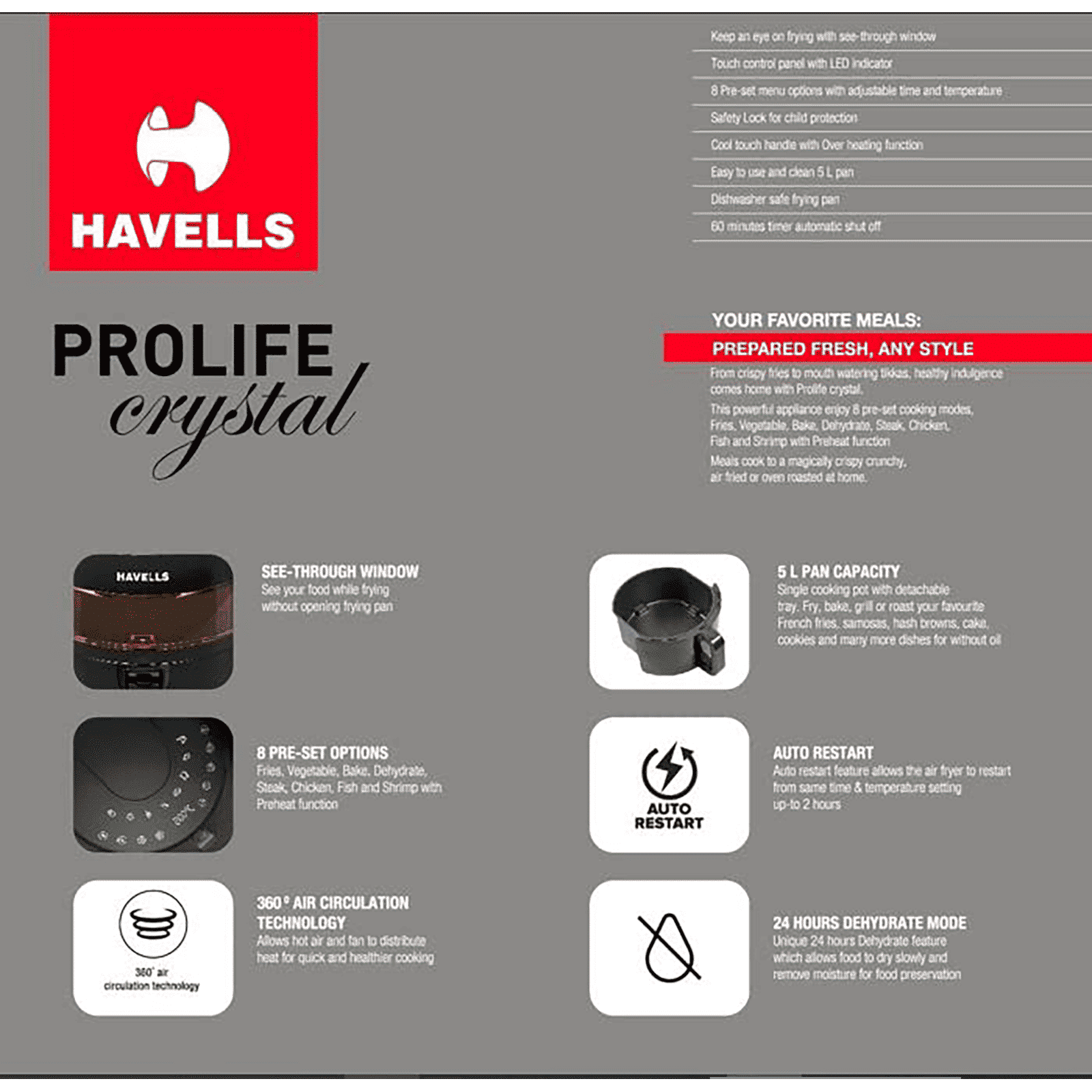 HAVELLS Prolife Crystal 5L 1500 Watt Digital Air Fryer with 8 Preset Options (Black)_10