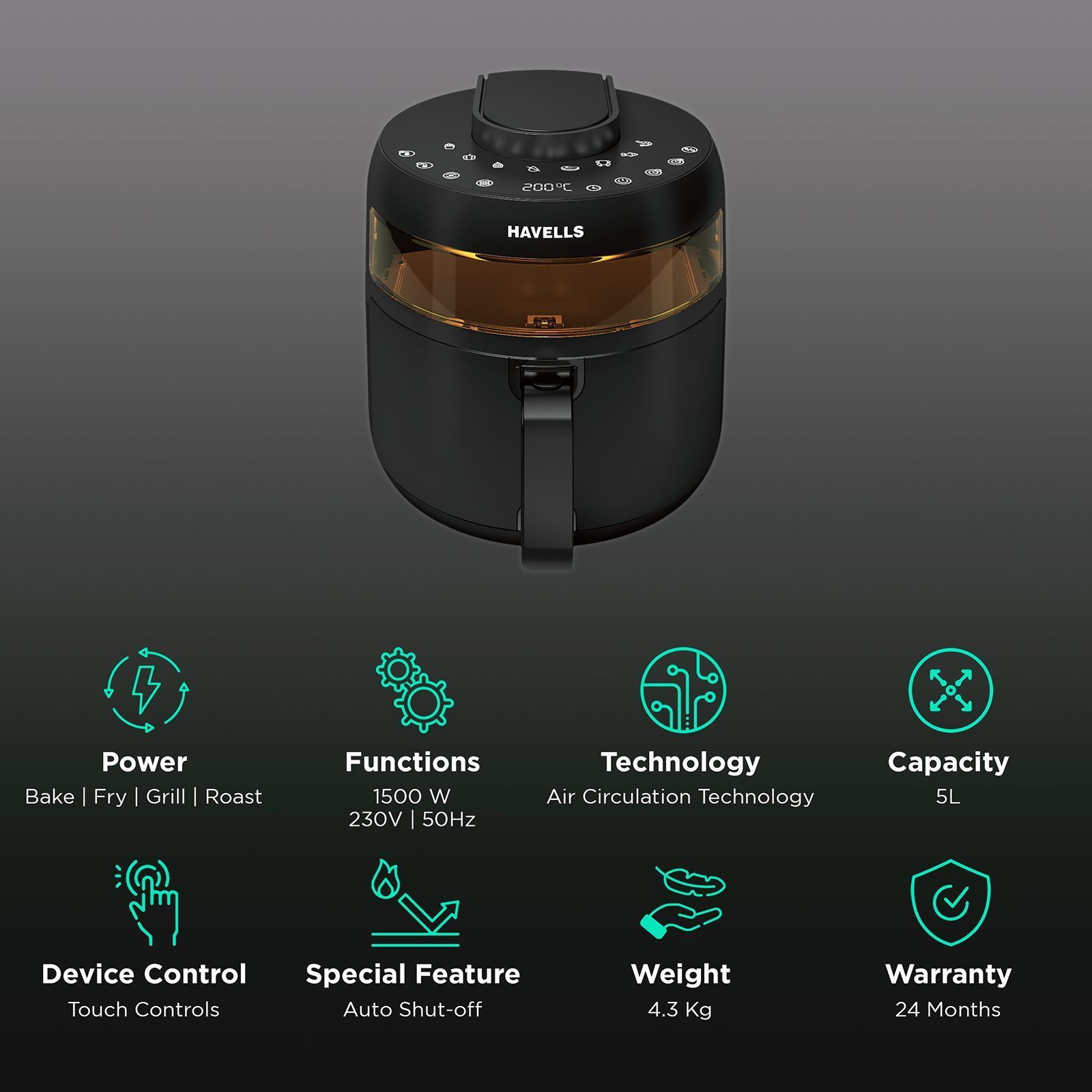 HAVELLS Prolife Crystal 5L 1500 Watt Digital Air Fryer with 8 Preset Options (Black)_3