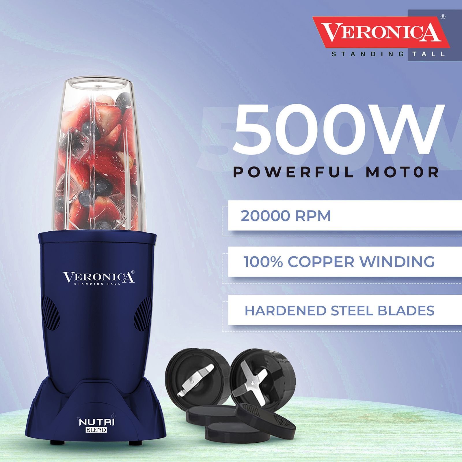 Veronica Nutriblend 500 Watt 2 Jars Mixer Grinder (22000 RPM, Motor Overload Protector, Matte Blue)_5