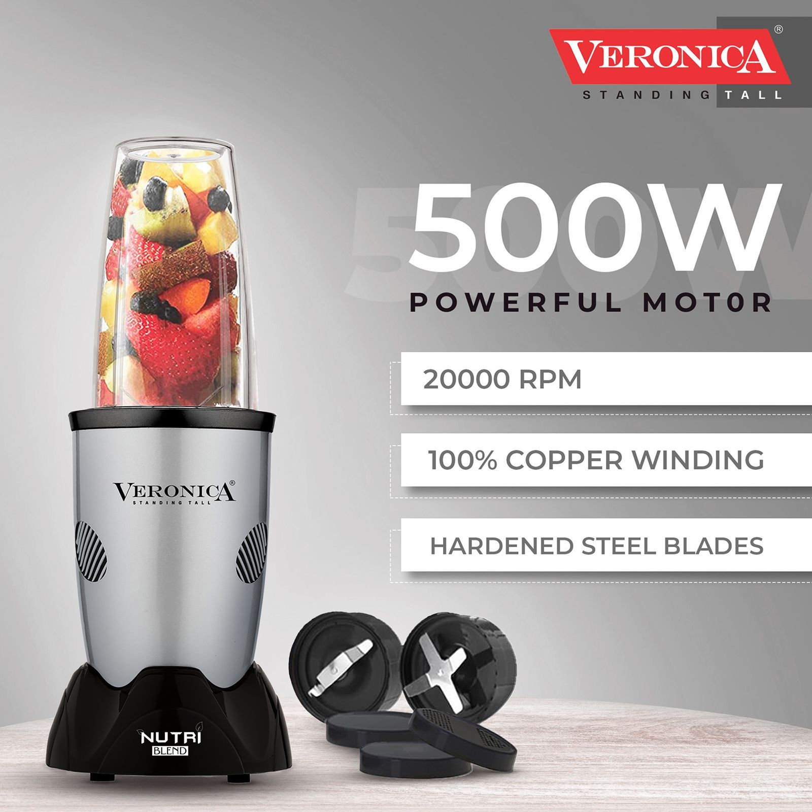 Veronica Nutriblend 500 Watt 2 Jars Mixer Grinder (22000 RPM, Motor Overload Protector, Silver)_5