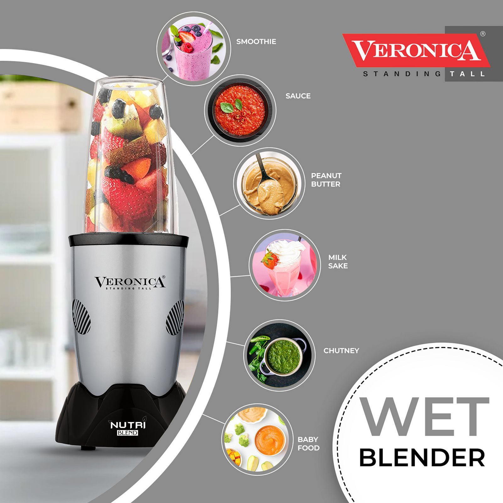 Veronica Nutriblend 500 Watt 2 Jars Mixer Grinder (22000 RPM, Motor Overload Protector, Silver)_8