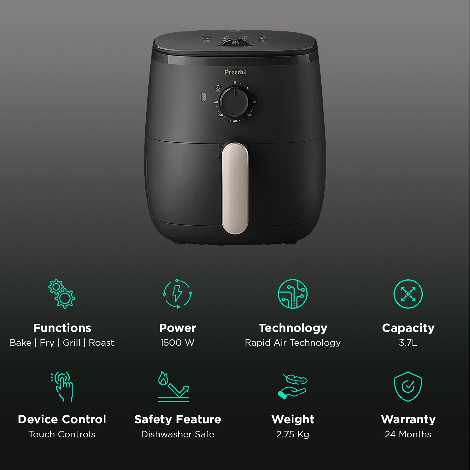 Preethi Airpot 3.7L 1500 Watt Air Fryer with Fast Flux Technology (Black)_3