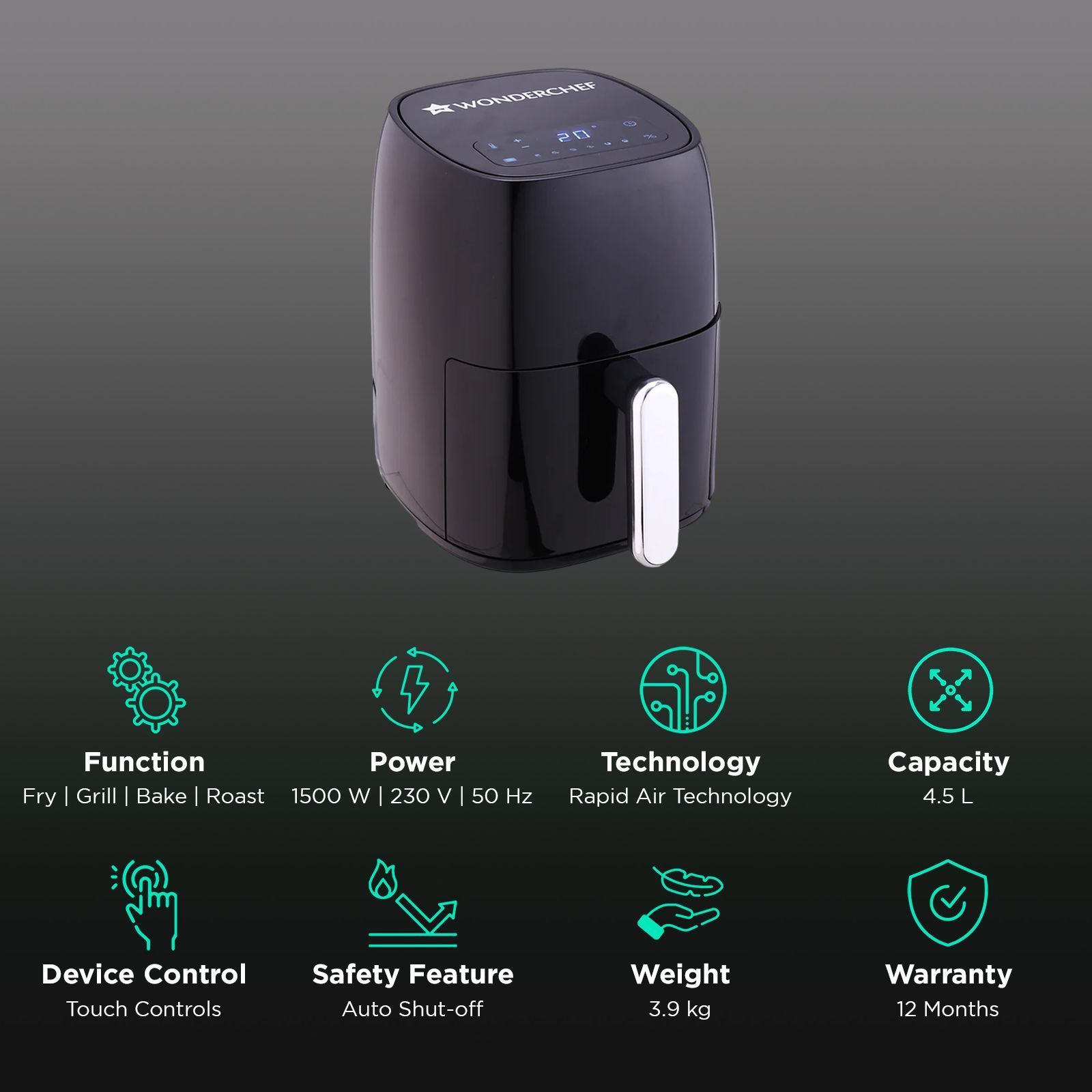 WONDERCHEF Neo 4.5L 1500 Watt Digital Air Fryer with Rapid Air Technology (Black)_3