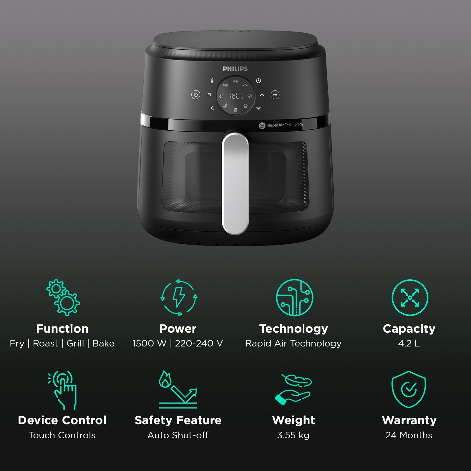 PHILIPS 2000 Series 4.2L 1500 Watt Digital Air Fryer with Rapid Air Technology (Black)_3