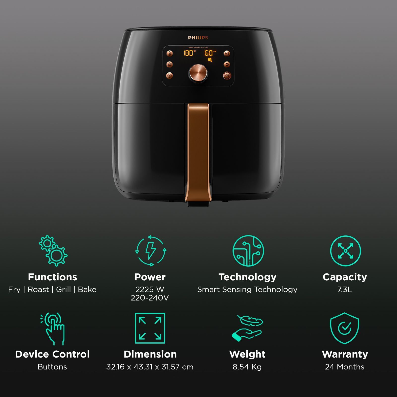 PHILIPS HD9867/90 7.3L 2225 Watt Air Fryer with Smart Sensing Technology (Deep Black and Copper)_3