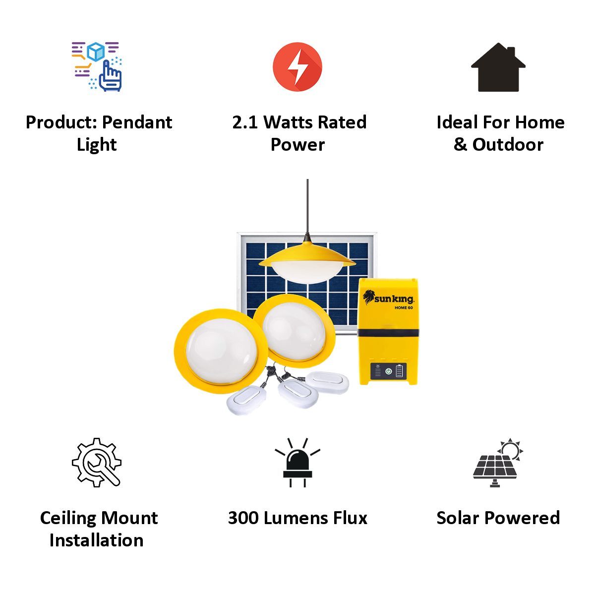 sun king Home 60 2.1 Watts Solar Powered Pendant Light (300 Lumens, SK-403, Yellow/White)_3