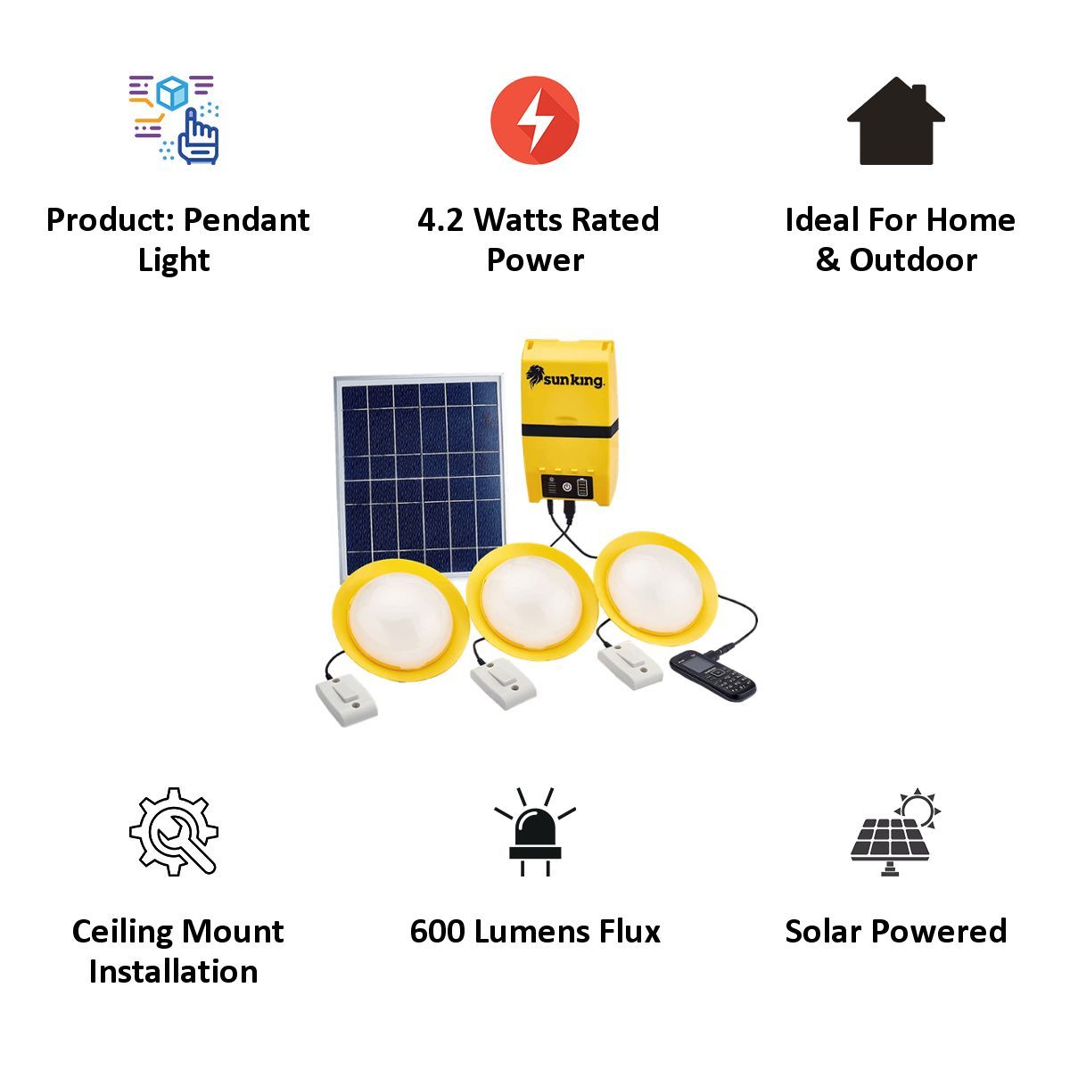 sun king Home 120 4.2 Watts LED Solar Lamp (600 Lumens, Polycrystalline Solar Panel, SK-407, Yellow/White)_3