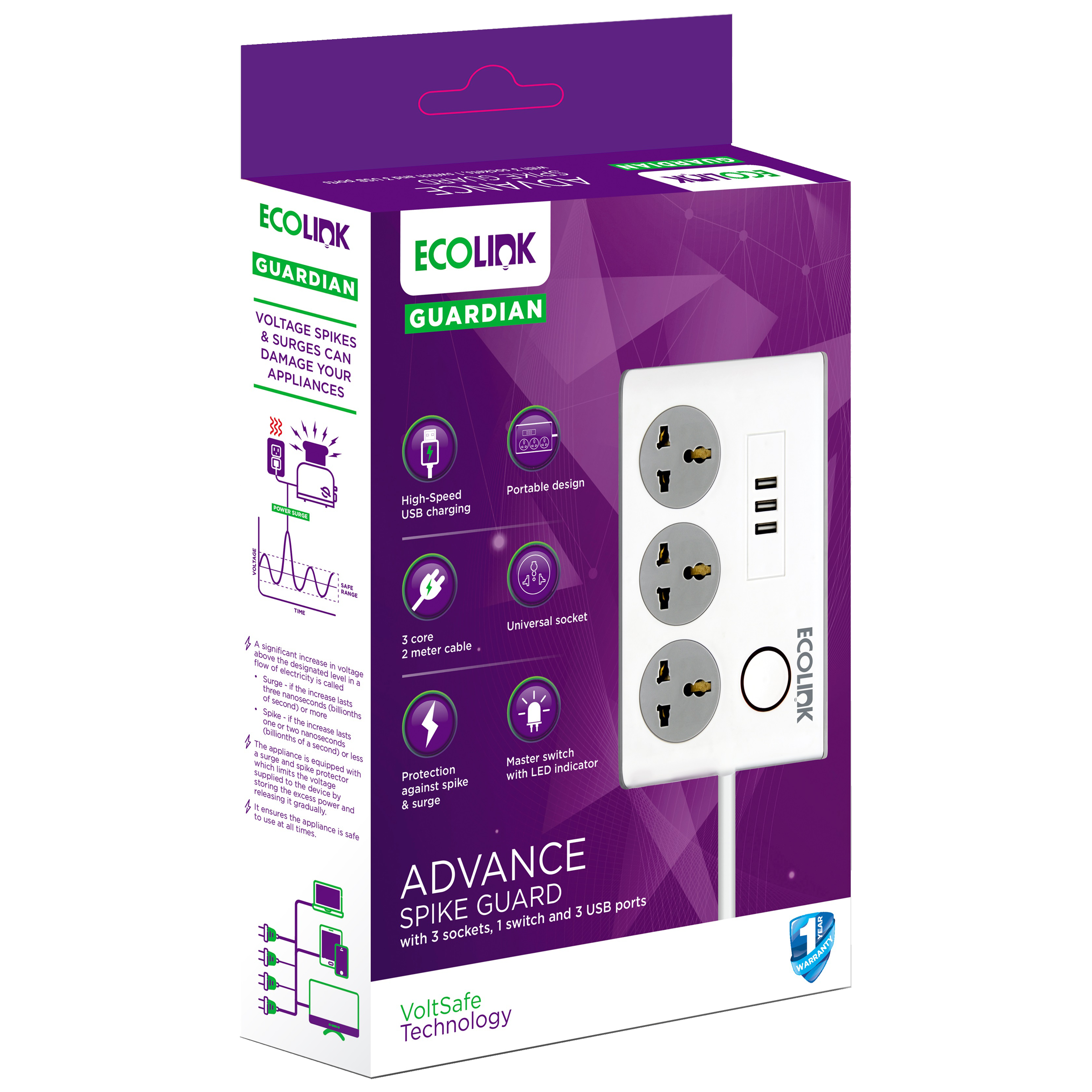 PHILIPS Ecolink 6 Amps 3 Sockets Spike Guard (2 Meters, Master Switch, 913715174501, White)_2