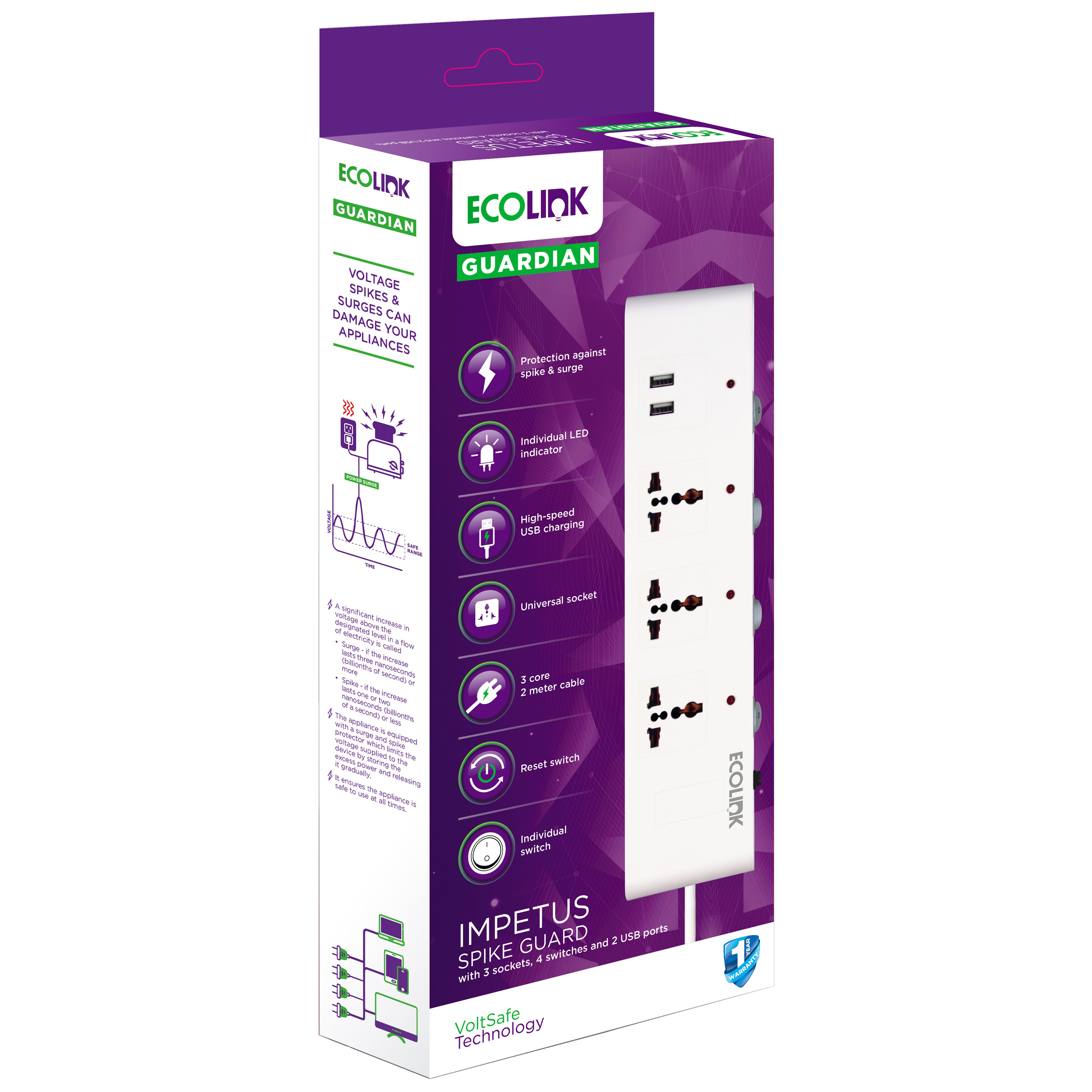 PHILIPS EcoLink Guardian Impetus 6 Amps 3 Sockets Extention Board with Individual Switch (2 Meters, VoltSafe Technology, 913715174201, White and Purple)_2