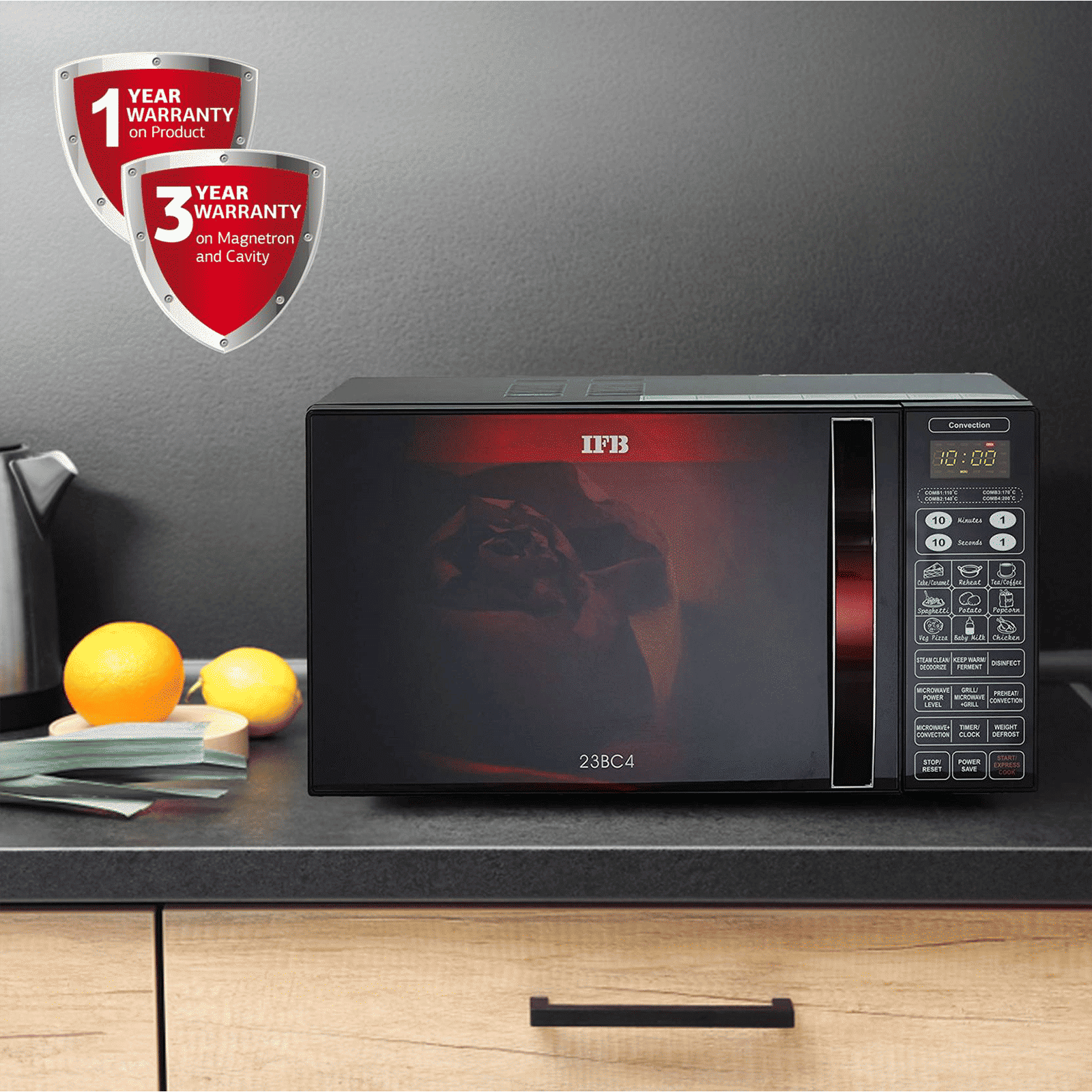 IFB 23L Convection Microwave Oven with 71 Autocook Menus (23BC4, Black Floral)_14