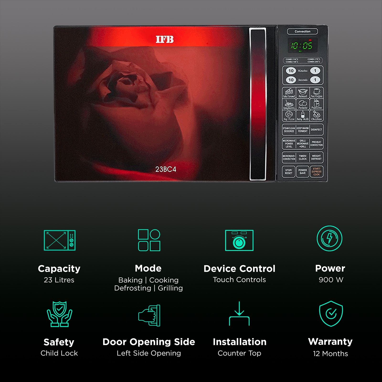 IFB 23L Convection Microwave Oven with 71 Autocook Menus (23BC4, Black Floral)_3