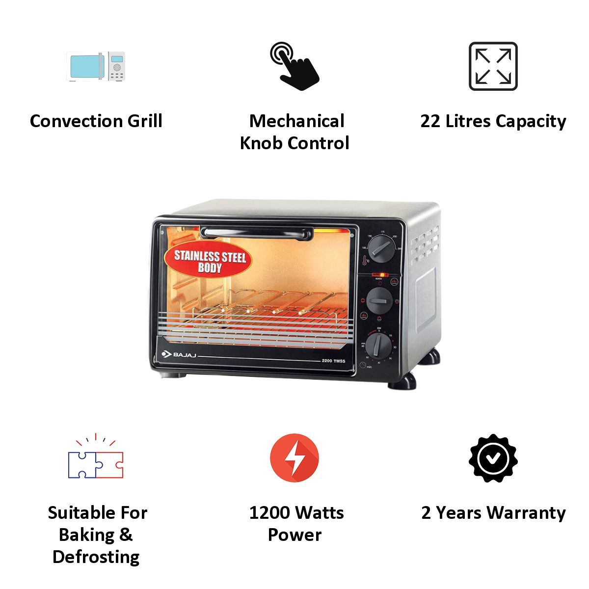 BAJAJ 22 Litres 2200 TMSS Oven Toaster Griller (Black) BAJAJ 22 Litres 2200 TMSS Oven Toaster Griller (Black)_3
