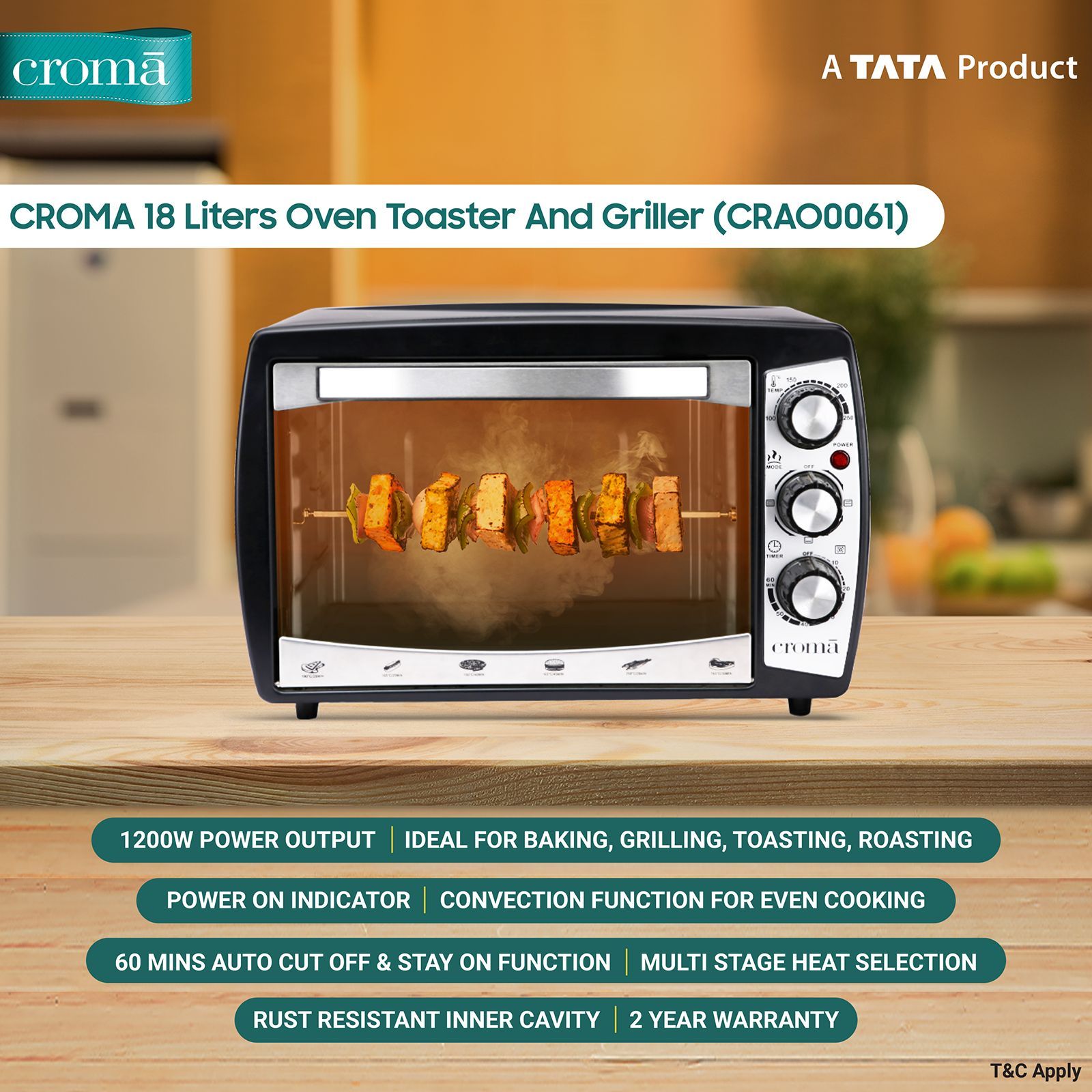 Croma 18L Oven Toaster Grill with Motorized Rotisserie (CRAO0061, Black & Silver)_5