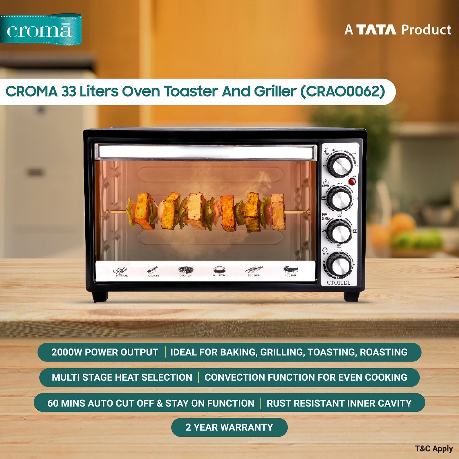 Croma 33L Oven Toaster Grill with Motorized Rotisserie (CRAO0062, Black & Silver)_8