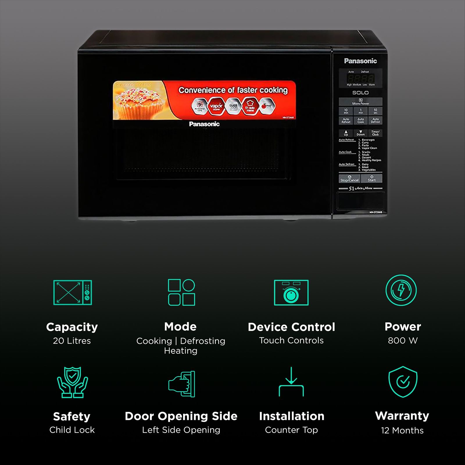 Panasonic 20L Solo Microwave Oven with 51 Autocook Menus (NN-ST266BFDG, Black)_3