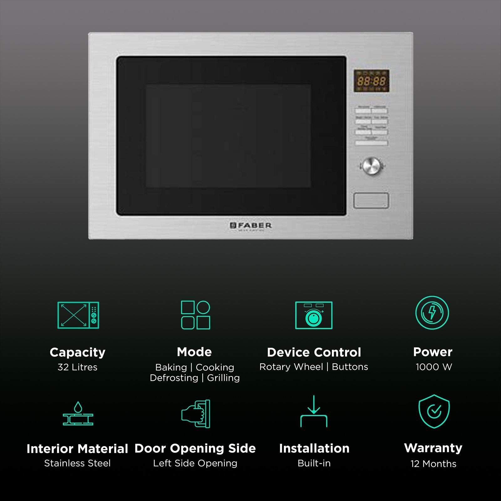 FABER FBIMWO CGS/FG 32L 60cm Built-in Microwave with 10 Autocook Menus (FBIMWO 32L CGS/FG, Stainless Steel) FABER FBIMWO CGS/FG 32L 60cm Built-in Microwave with 10 Autocook Menus (FBIMWO 32L CGS/FG, Stainless Steel)_3