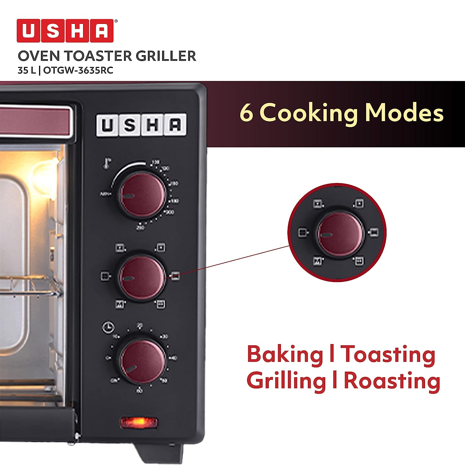 USHA 3635RC 35L Oven Toaster Grill with 360 Degree Convection Heating Technology (Wine/Matte Black) USHA 3635RC 35L Oven Toaster Grill with 360 Degree Convection Heating Technology (Wine/Matte Black)_12
