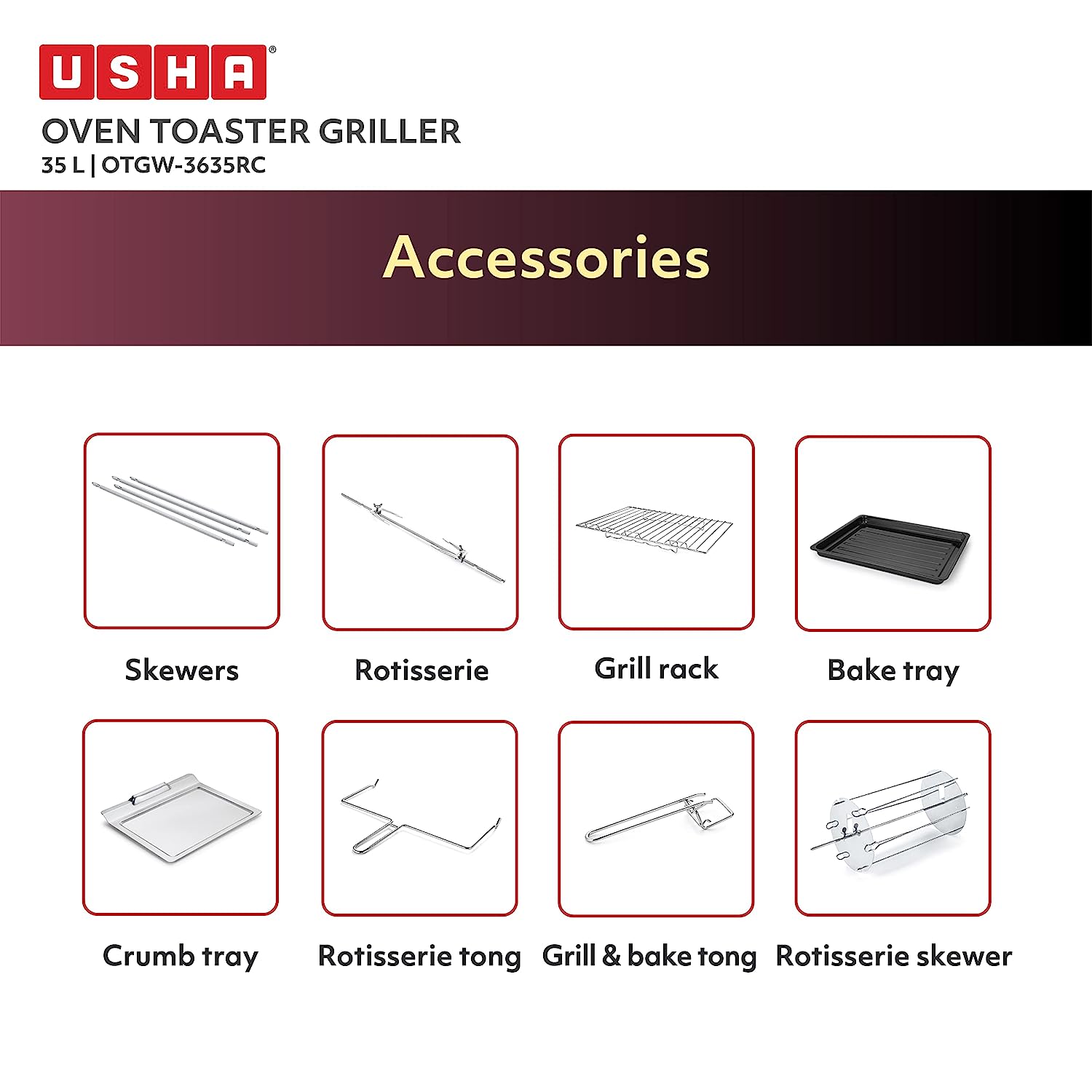 USHA 3635RC 35L Oven Toaster Grill with 360 Degree Convection Heating Technology (Wine/Matte Black) USHA 3635RC 35L Oven Toaster Grill with 360 Degree Convection Heating Technology (Wine/Matte Black)_15