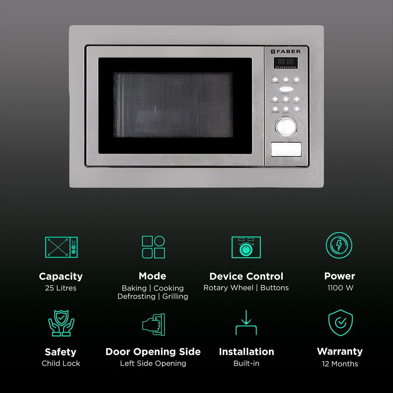 FABER FBIMWO CGS/FG 25L 60cm Built-in Microwave with 10 Autocook Menus (FBIMWO 25L CGS/FG, Stainless Steel) FABER FBIMWO CGS/FG 25L 60cm Built-in Microwave with 10 Autocook Menus (FBIMWO 25L CGS/FG, Stainless Steel)_3