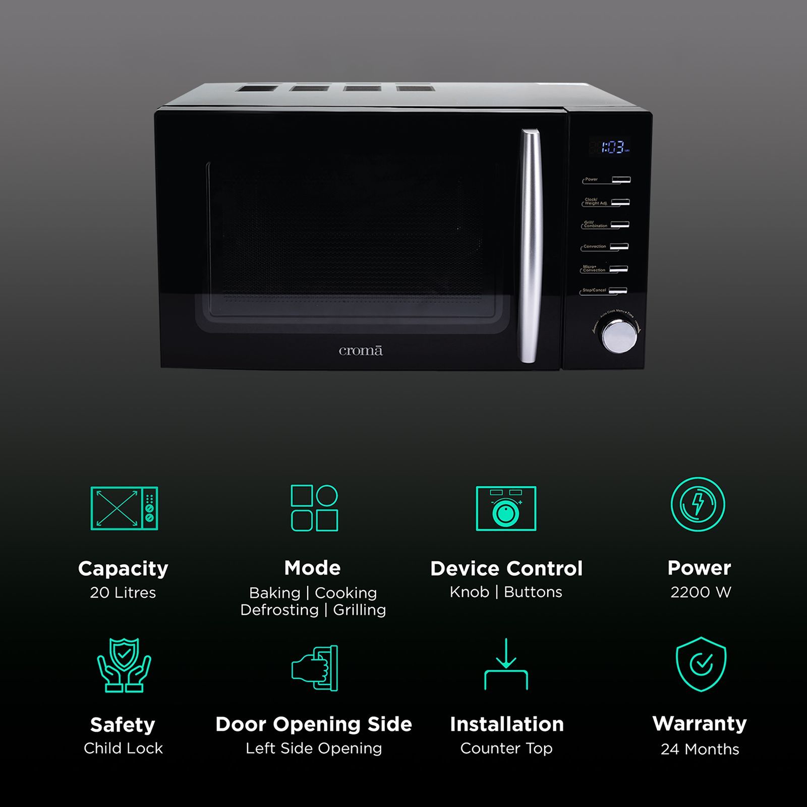 Croma 20L Convection Microwave Oven with 200 Autocook Menu (CRAM0193, Black)_3