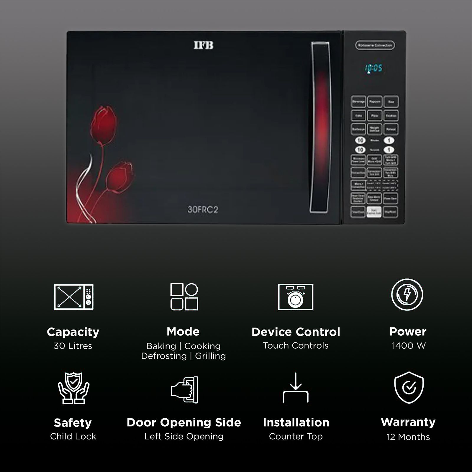 IFB 30FRC2 30L Convection Microwave Oven with 101 Autocook Menus (Black Floral)_3