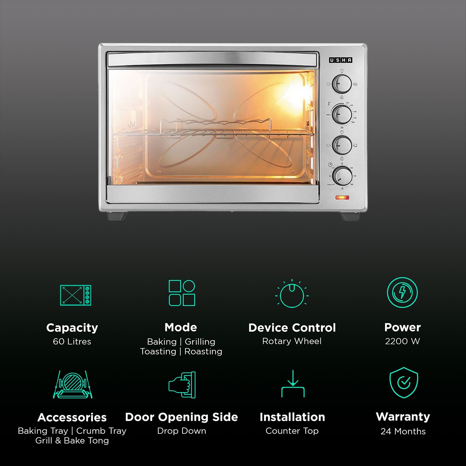 USHA 60L Oven Toaster Grill with Rotisserie Function (3760RCSS, Steel)_3