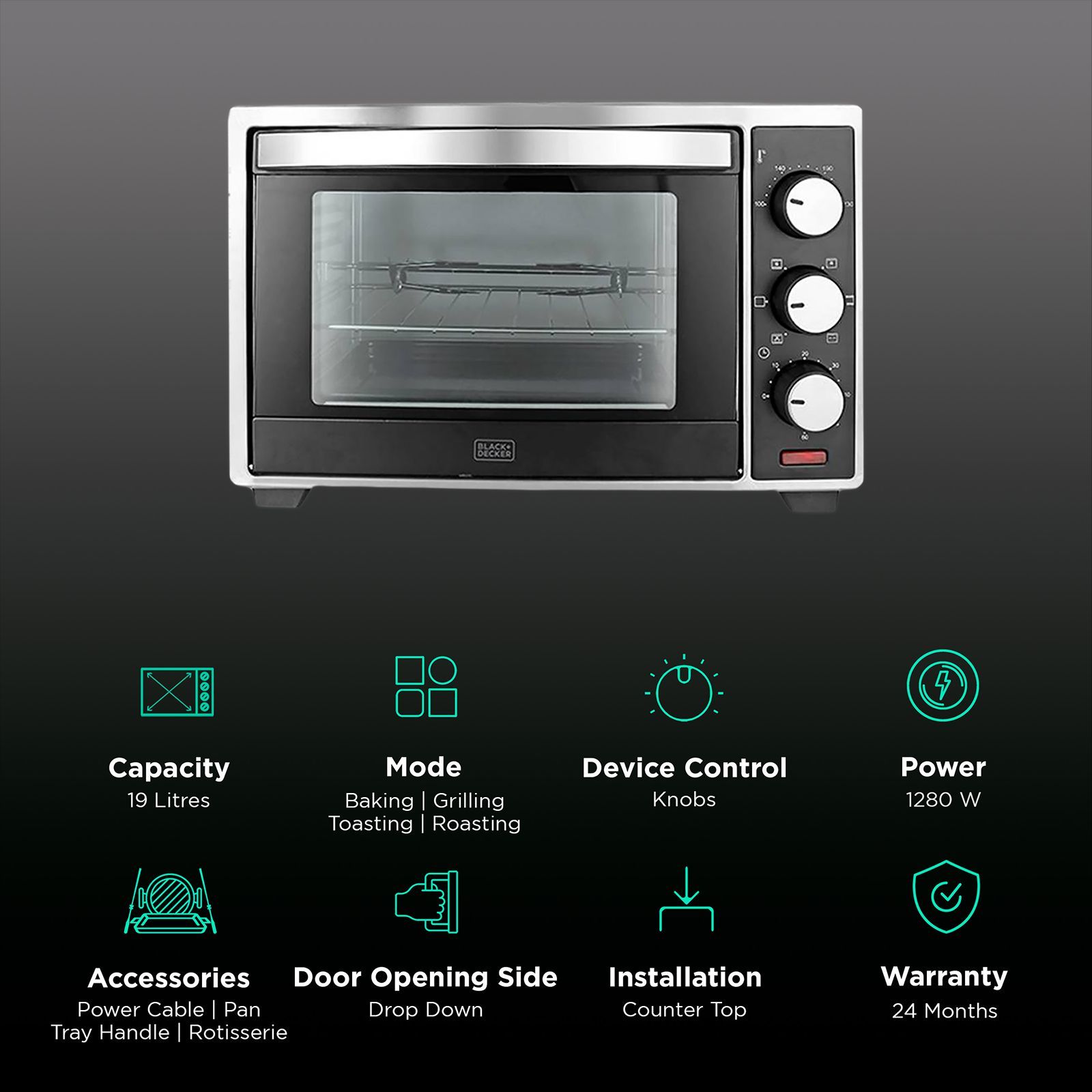 BLACK+DECKER 19L Oven Toaster Grill with Rotisserie & Convection Function (Silver/Grey)_3