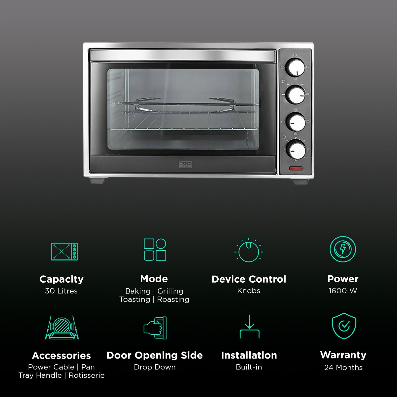 BLACK+DECKER BXTO3001IN 30L Oven Toaster Grill with Motorized Rotisserie (Silver & Grey) BLACK+DECKER BXTO3001IN 30L Oven Toaster Grill with Motorized Rotisserie (Silver & Grey)_3