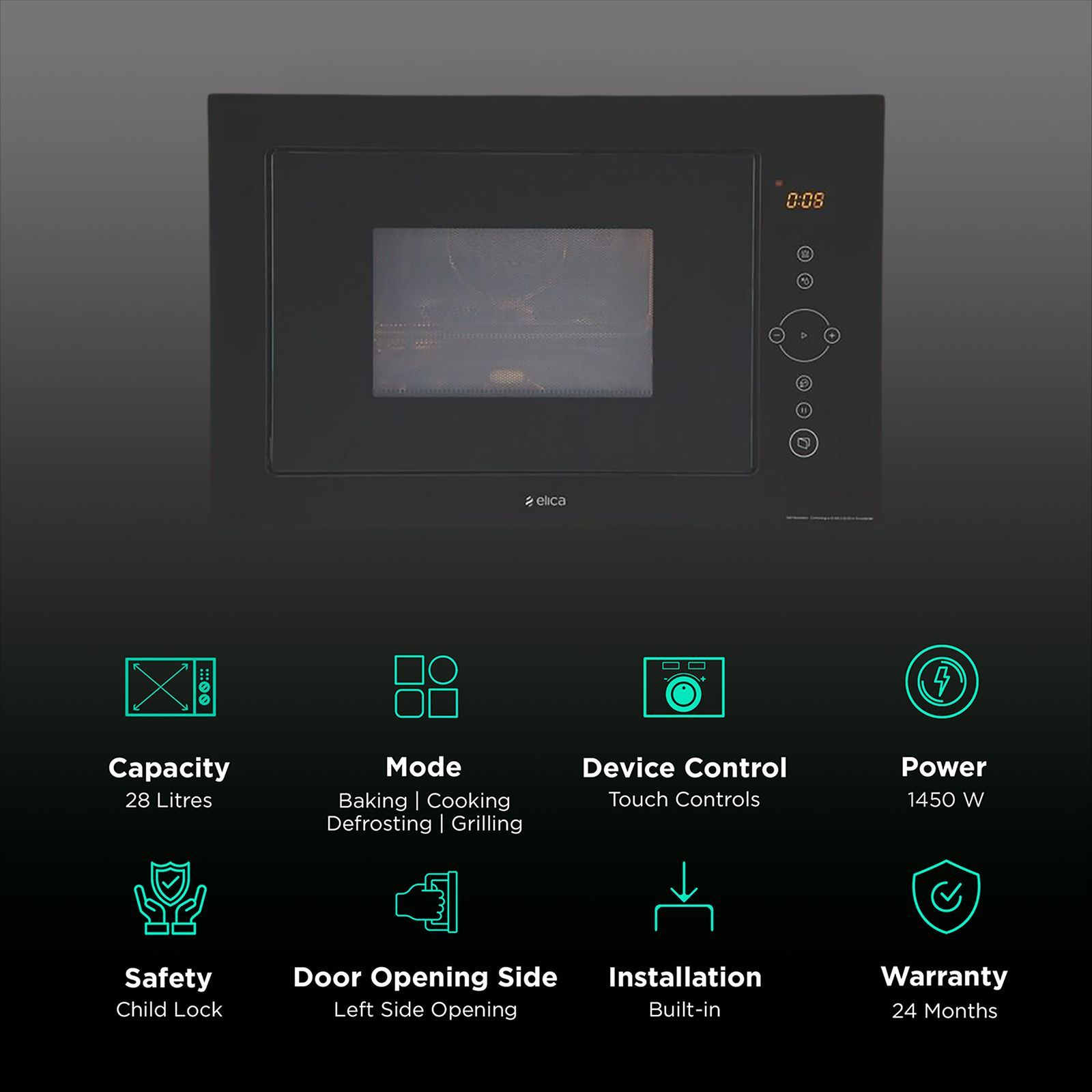 elica Touhc BK 28L 60cm Built-in Microwave with 10 Autocook Menus (EPBI MWO 280 TOUCH, Black) elica Touhc BK 28L 60cm Built-in Microwave with 10 Autocook Menus (EPBI MWO 280 TOUCH, Black)_3