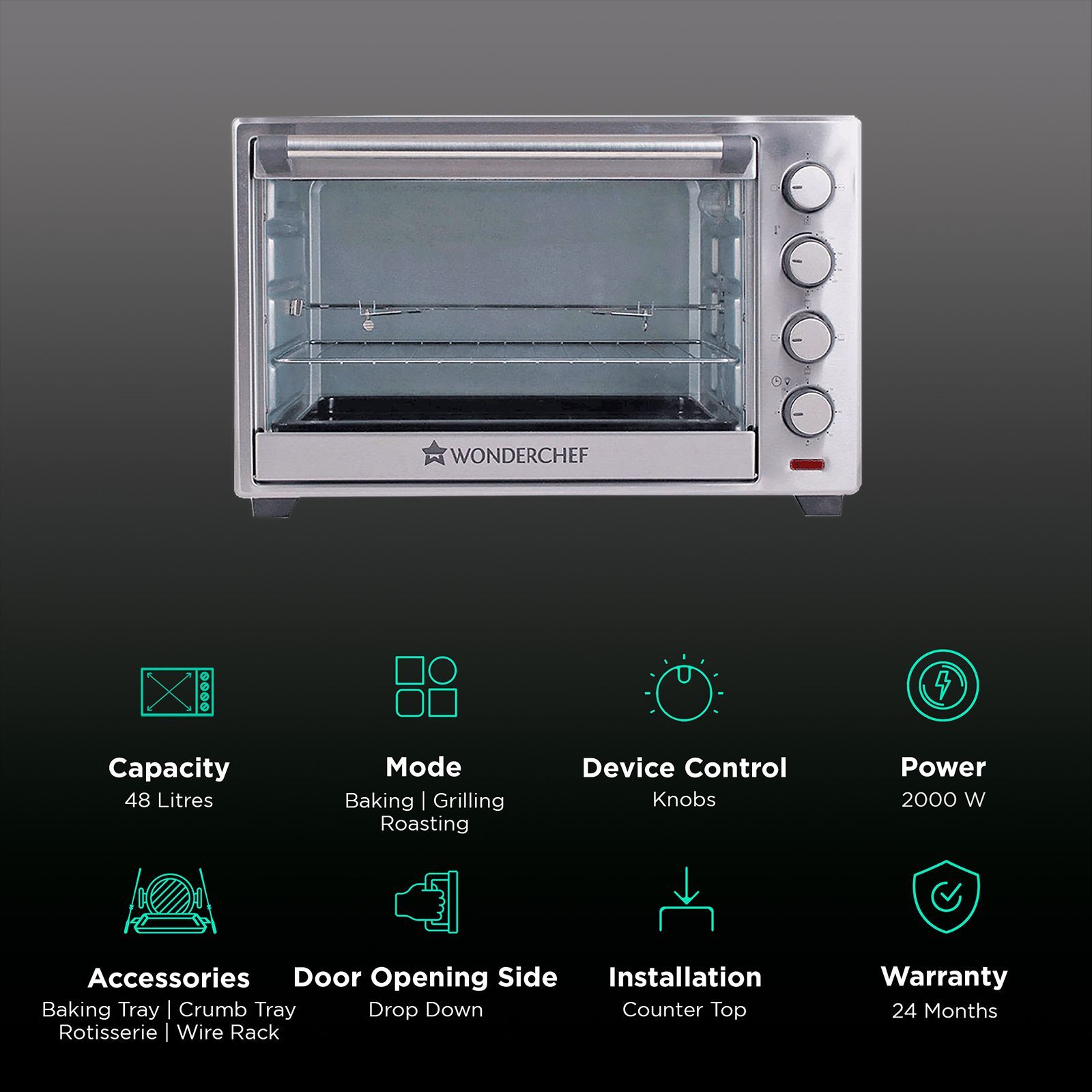WONDERCHEF 48L Oven Toaster Grill with Motorized Rotisserie (Stainless Steel)_3