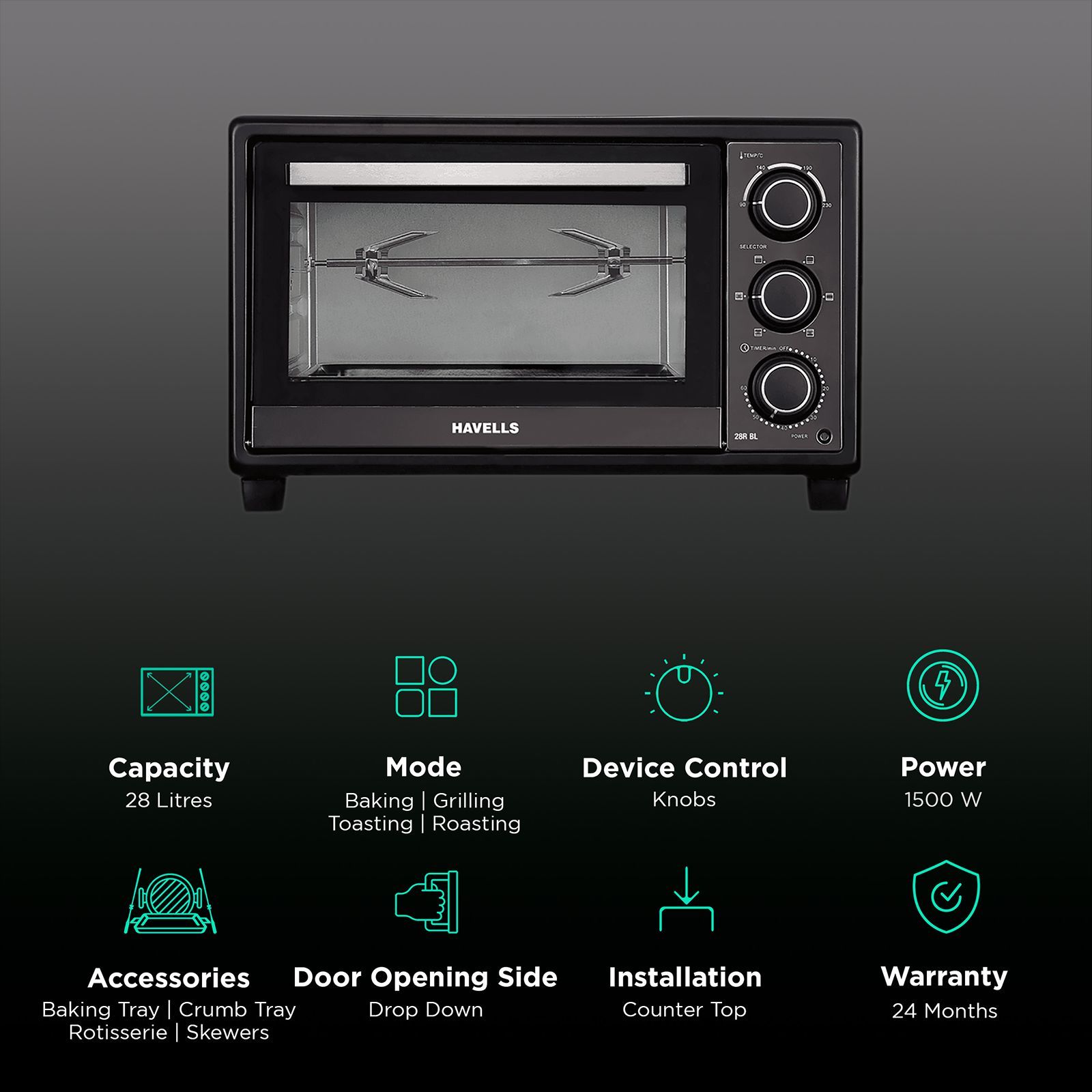 HAVELLS 28R BL 28L Oven Toaster Grill with Motorized Rotisserie (Black) HAVELLS 28R BL 28L Oven Toaster Grill with Motorized Rotisserie (Black)_3