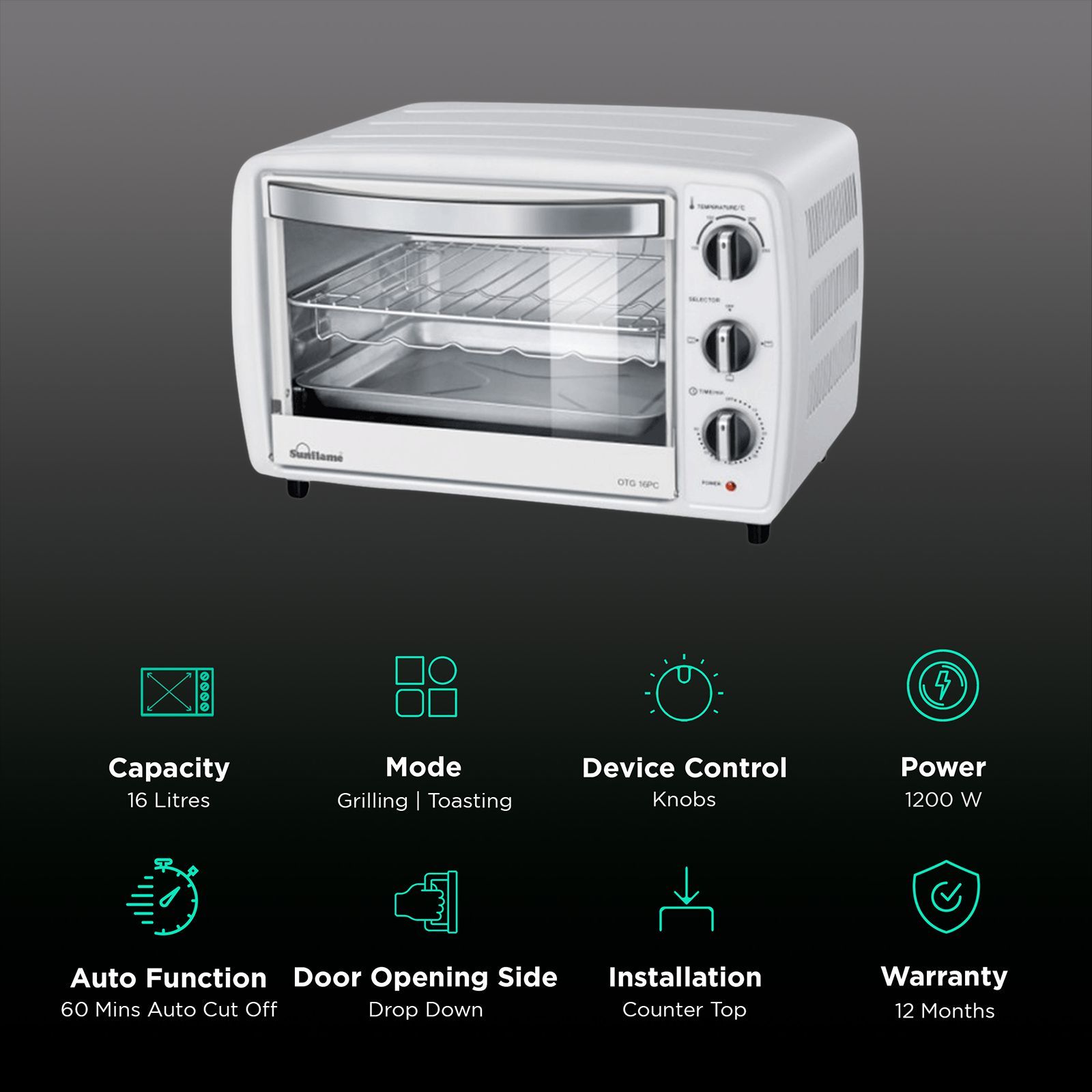 Sunflame 16 PC 16L Oven Toaster Grill with Thermostatic Temperature Control Function (White)_3