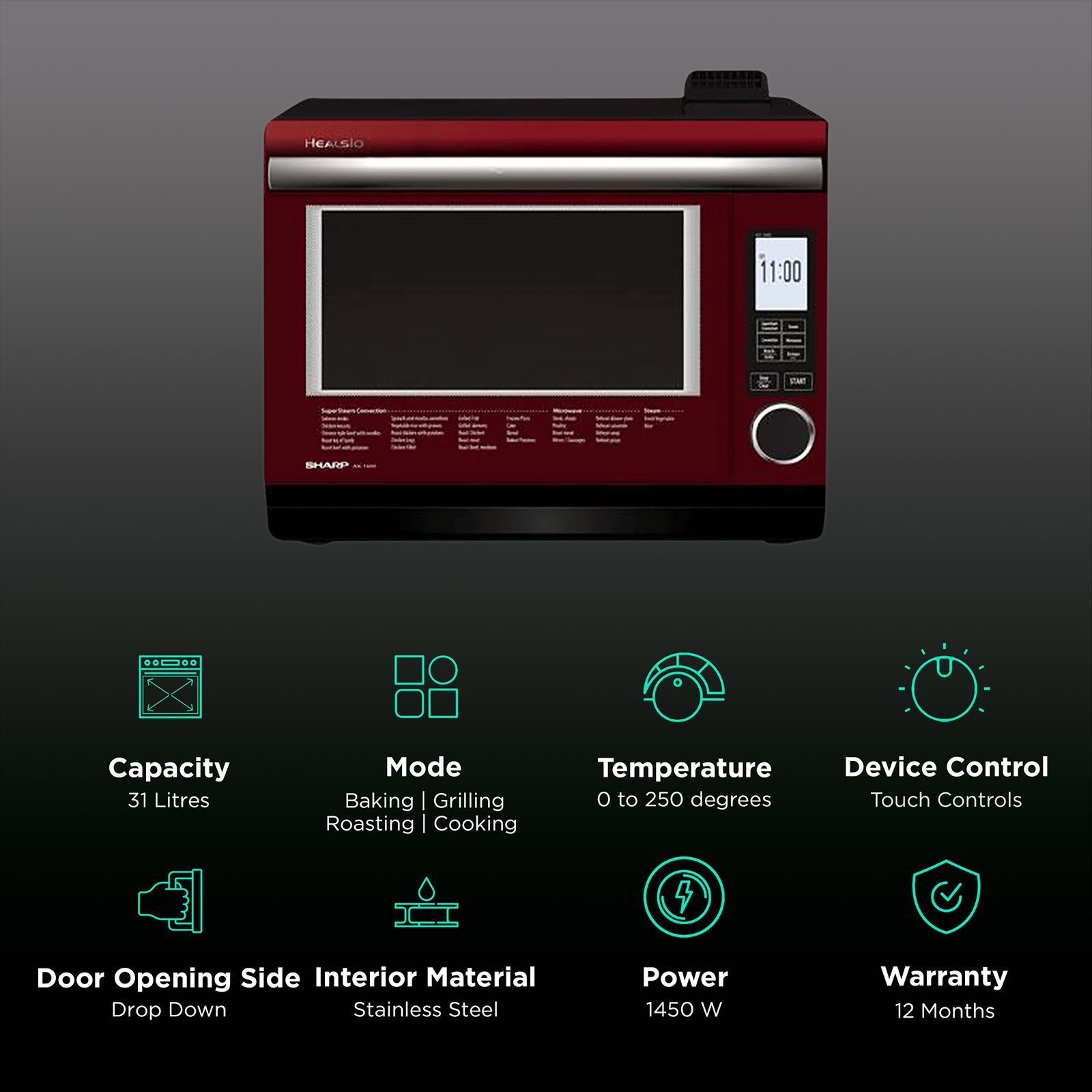 SHARP Healsio 31L Inverter Water Microwave Oven with 34 Automatic Modes (Red)_3