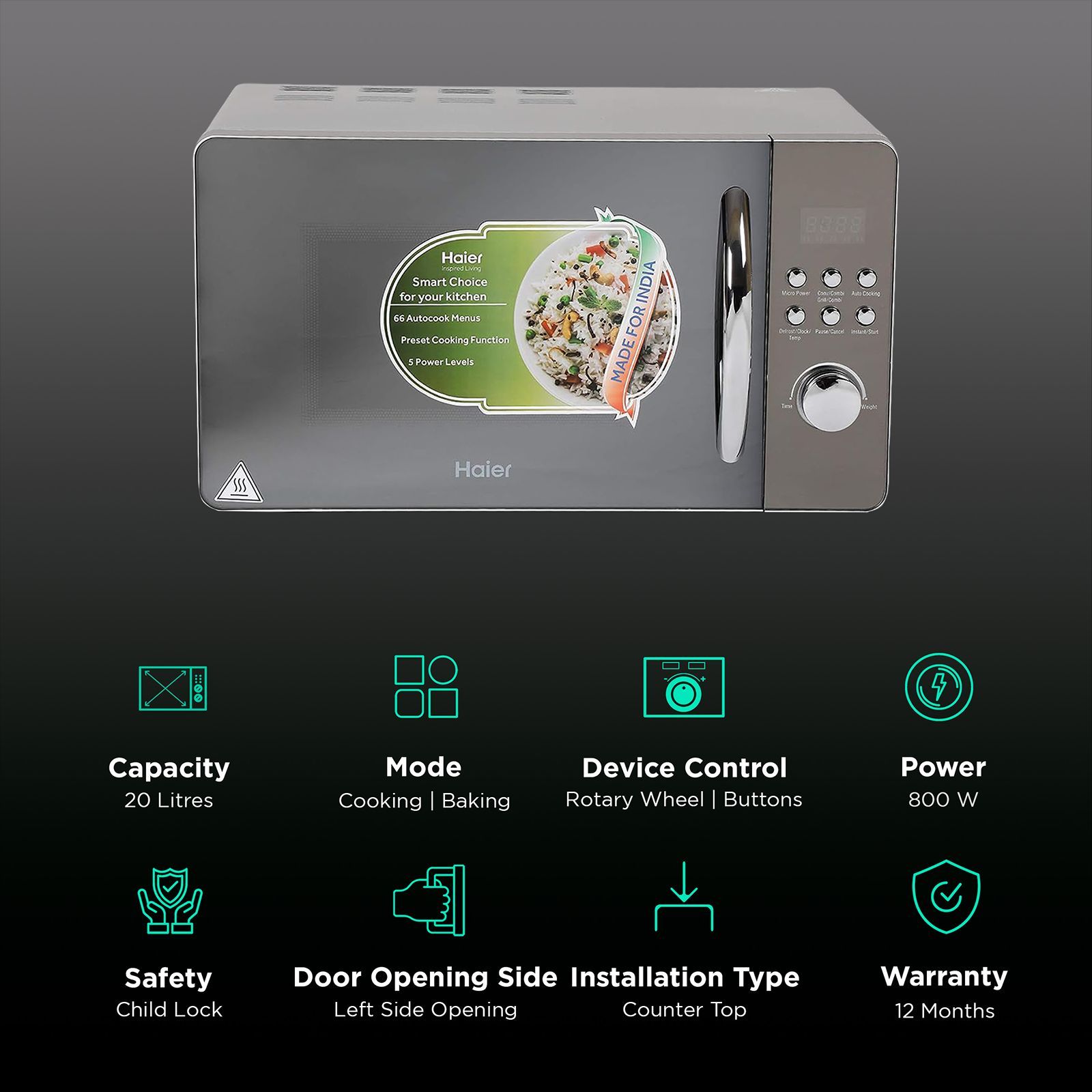 Haier 20L Convection Microwave Oven with 66 Autocook Menu (HIL2001CSPH, Silver)_3