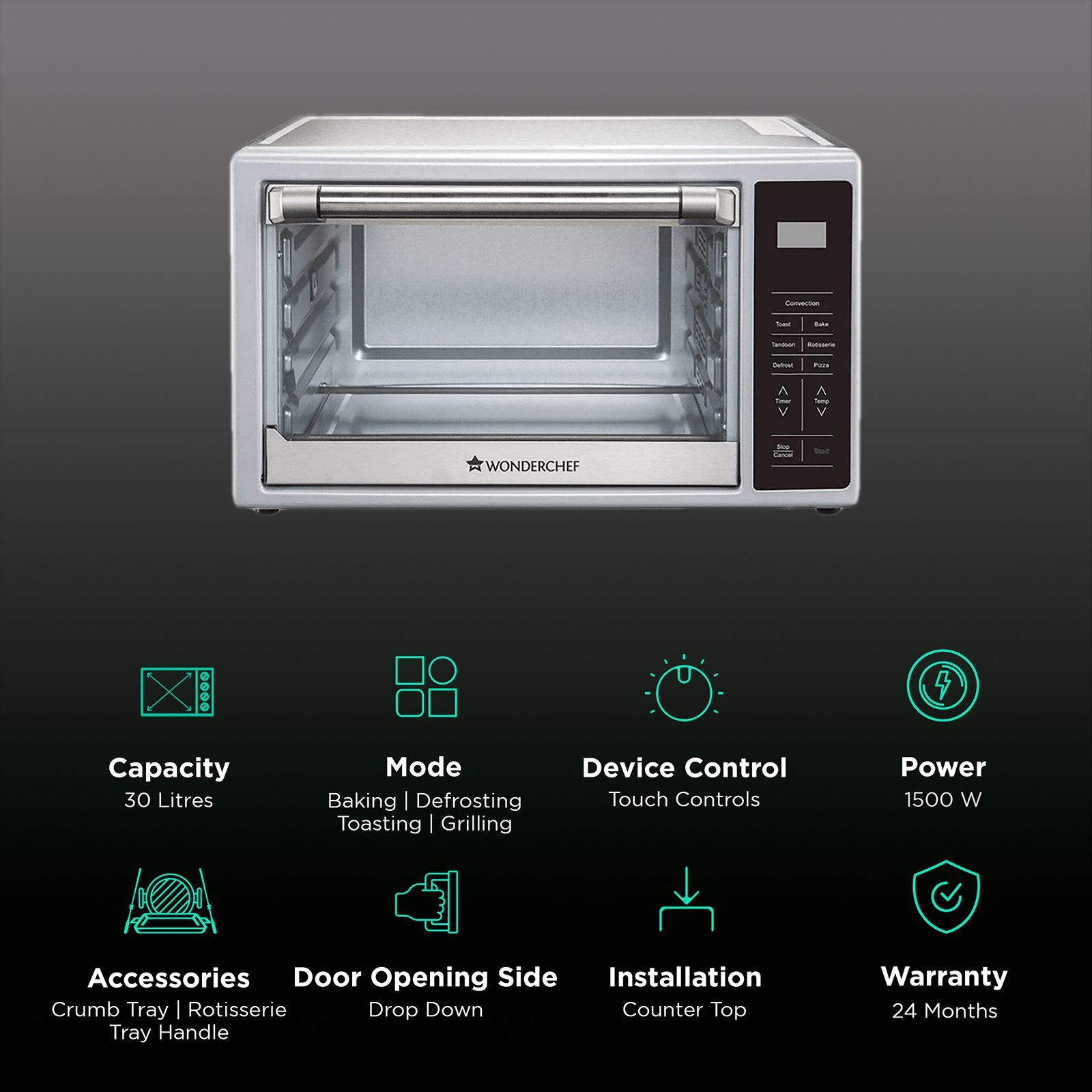 WONDERCHEF Prato 30L Oven Toaster Grill with Rotisserie (63153100, Silver)_3