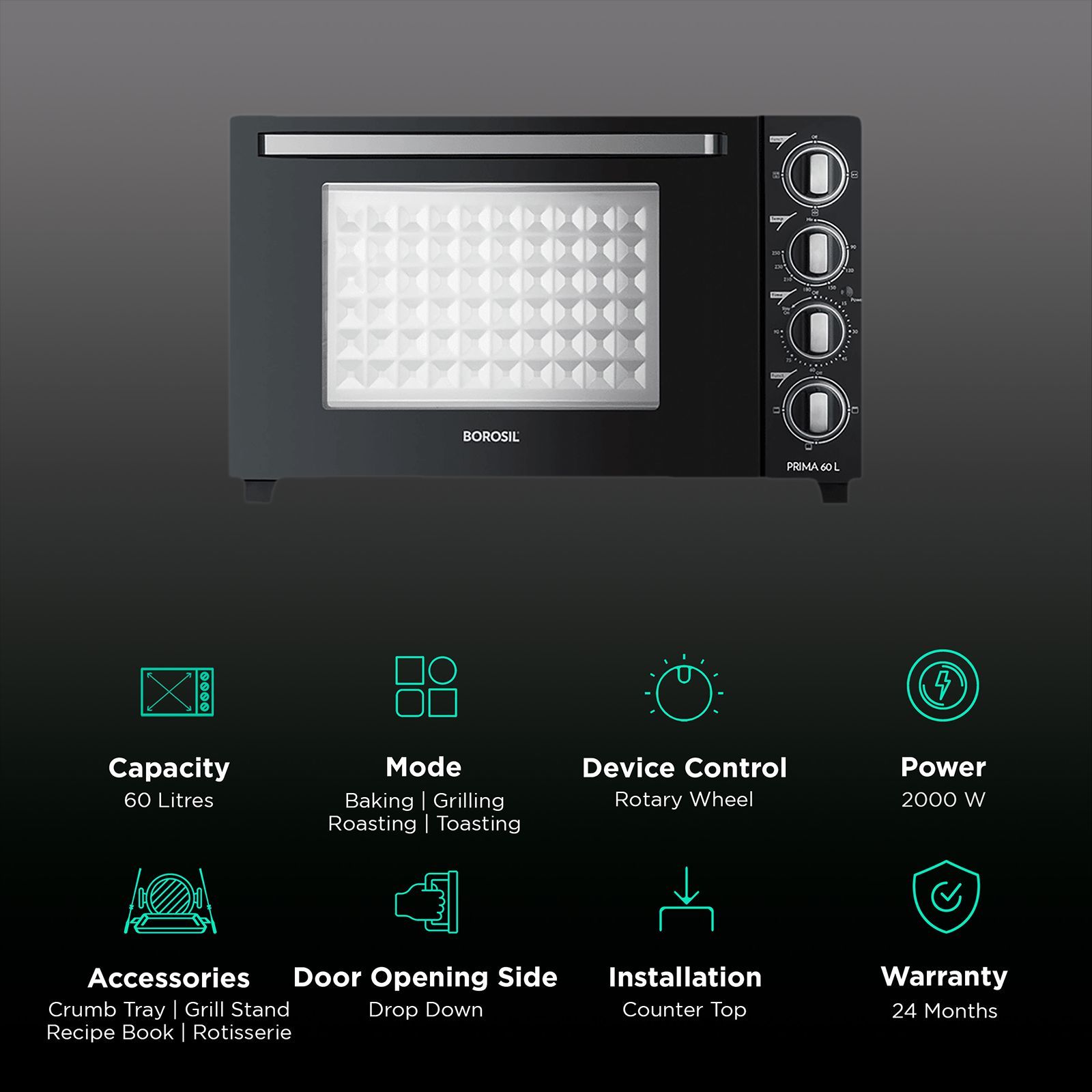 BOROSIL Prima 60L Oven Toaster Grill with Motorized Rotisserie (Black) BOROSIL Prima 60L Oven Toaster Grill with Motorized Rotisserie (Black)_3