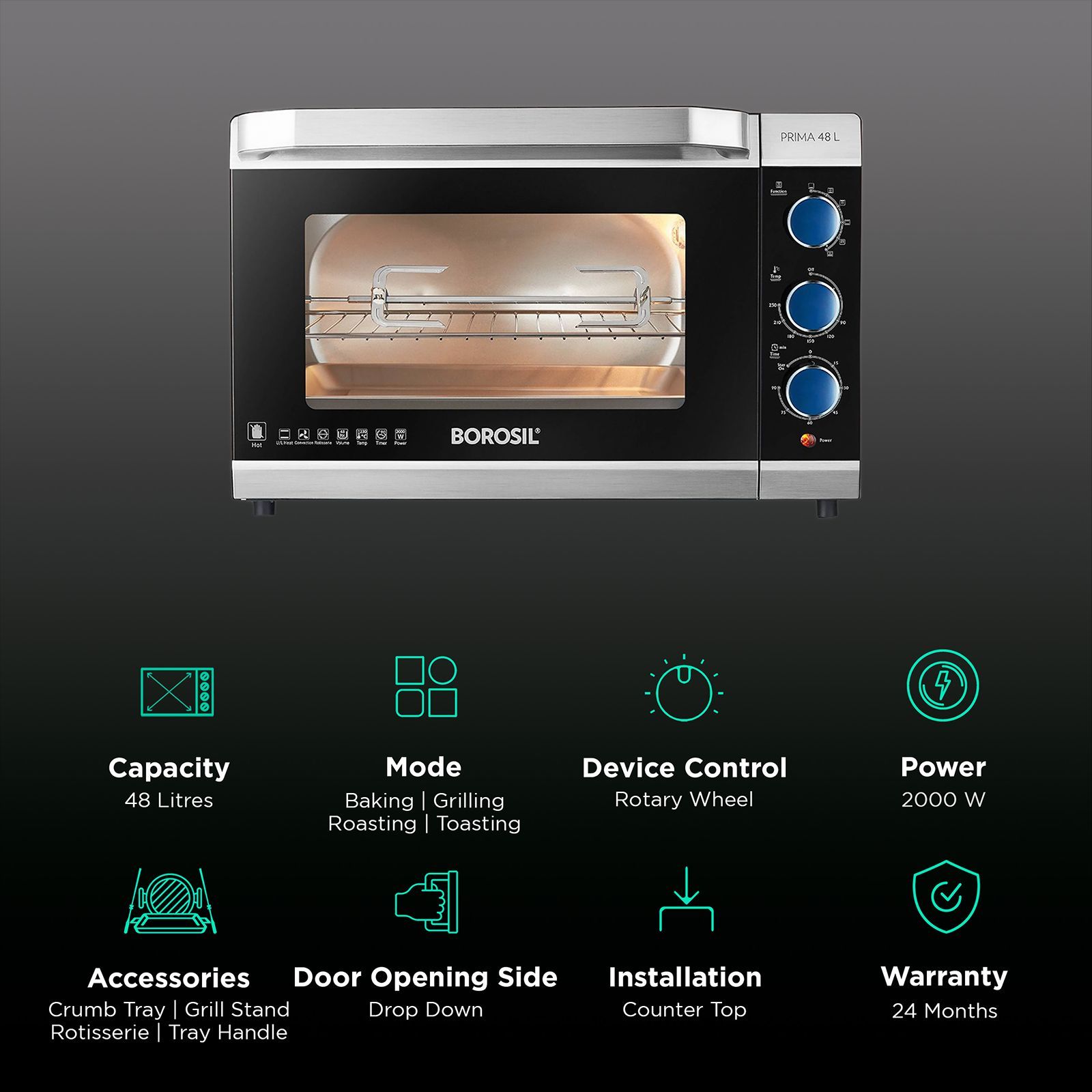 BOROSIL Prima 48L Oven Toaster Grill with Motorized Rotisserie (Silver)_3