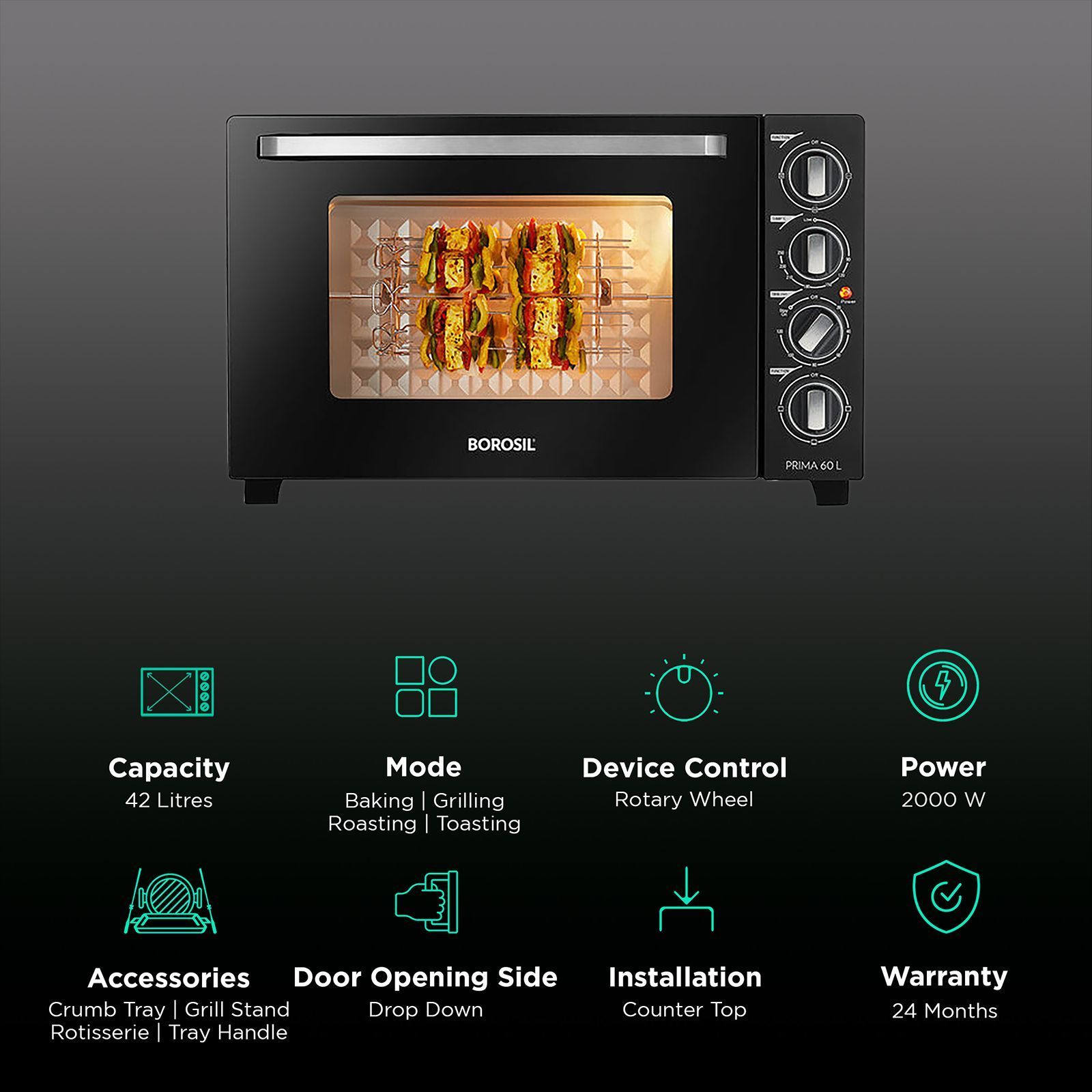 BOROSIL Prima 42L Oven Toaster Grill with Motorized Rotisserie (Silver)_3