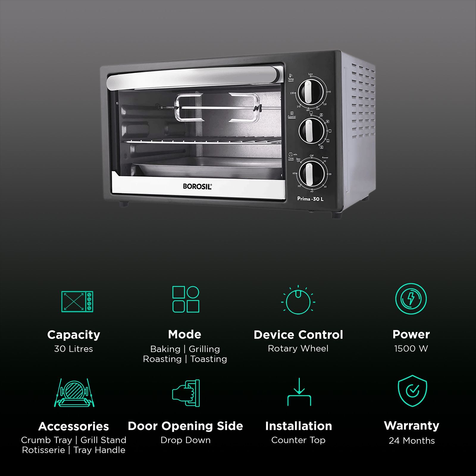 BOROSIL Prima 30L Oven Toaster Grill with Motorized Rotisserie (Silver) BOROSIL Prima 30L Oven Toaster Grill with Motorized Rotisserie (Silver)_3