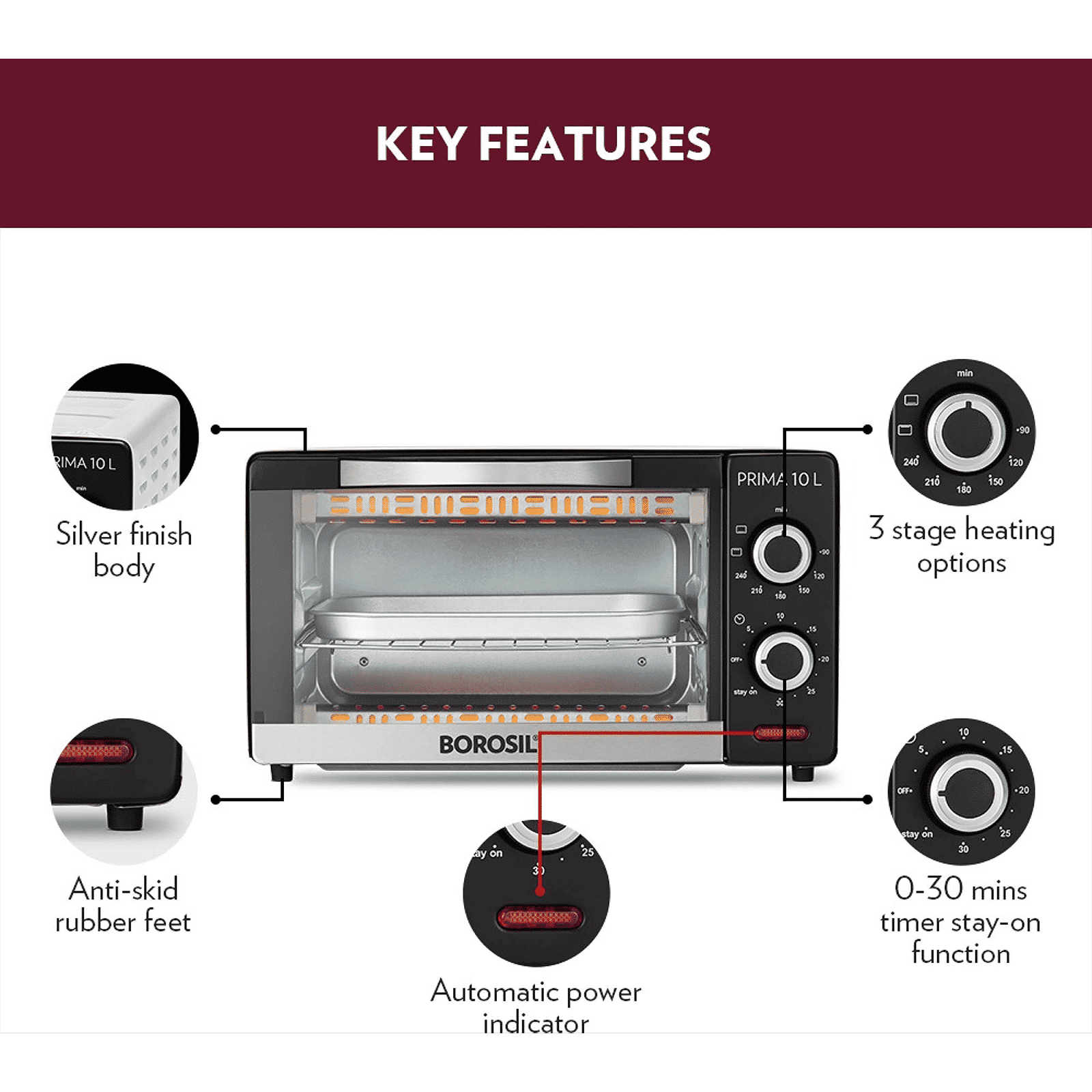 BOROSIL Prima 10L Oven Toaster Grill with Motorized Rotisserie (Silver)_13