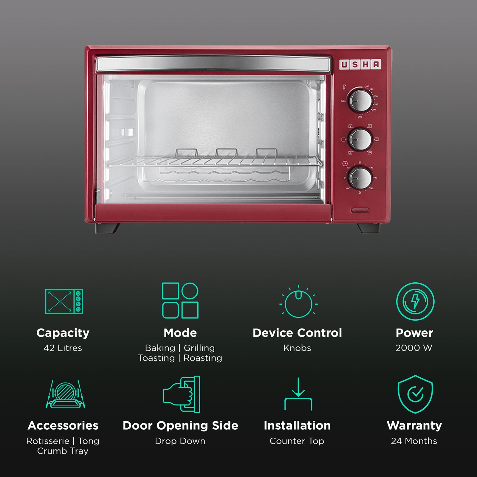 USHA 42L Oven Toaster Grill with Convection Technology (Stainless Steel & Wine)_3