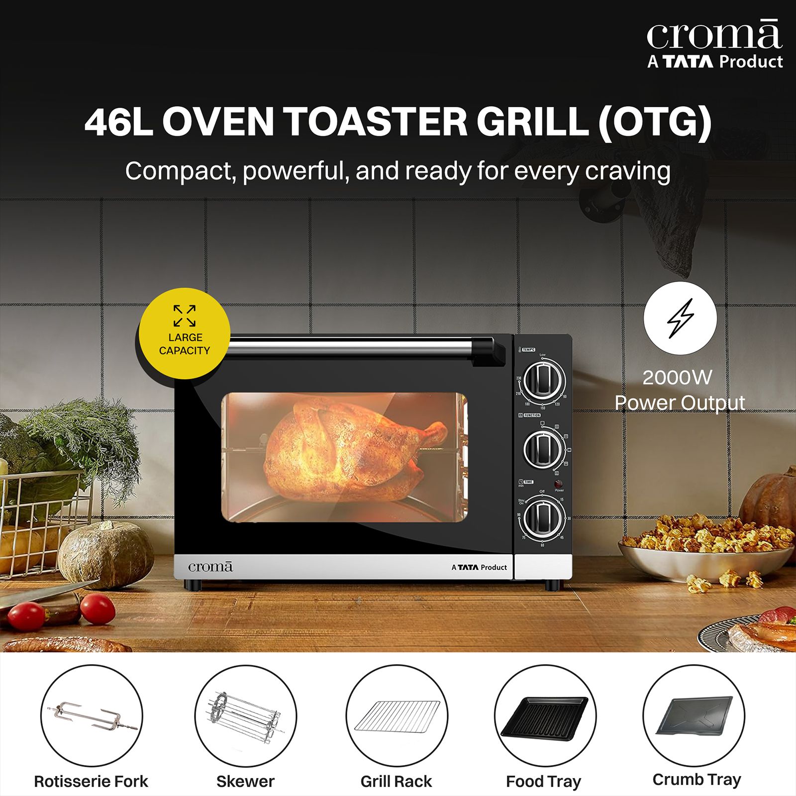 Croma 46 Litres Oven Toaster Grill with Motorised Rotisserie (Black)_4